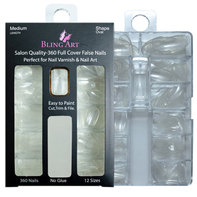 Bling Art Salon Bulk Pack, three boxes of 360 clear oval nail tips in 12 size compartment cases, box marked 360 Nails, No Glue, 12 Sizes