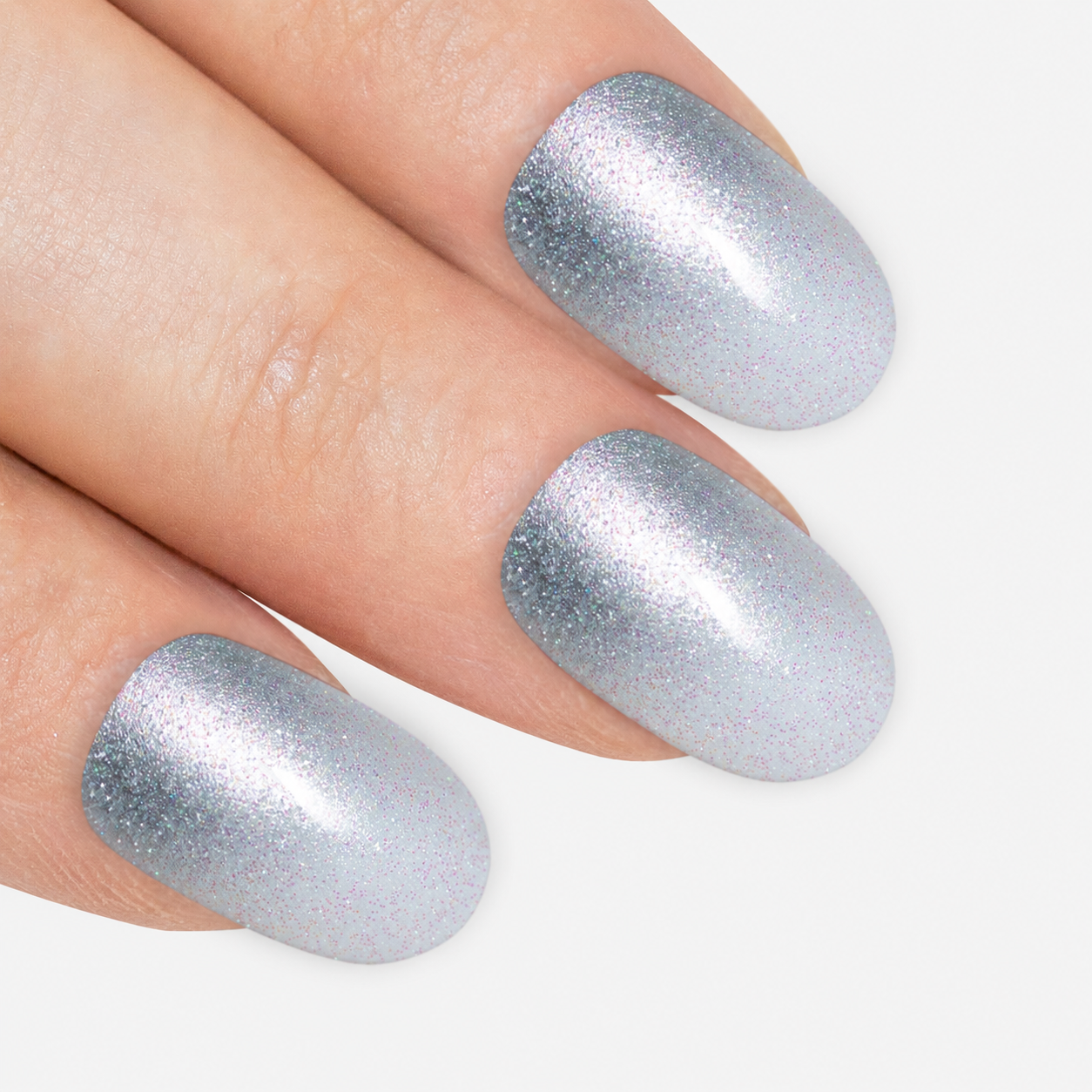 Silver gel ombre oval press-on false nails by Bling Art — chrome silver gradient gel ombre on the classic oval shape for parties, Christmas and editorial events. 24 nails, 12 sizes XS-XXL, no UV lamp. Designed in Yorkshire UK.