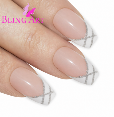 Silver and white glitter ballerina long press-on false nails by Bling Art — bridal sparkle for weddings, Christmas, and statement occasions · embedded fine silver-and-white glitter · long ballerina tips · 24 nails per set with adhesive · designed in Yorkshire