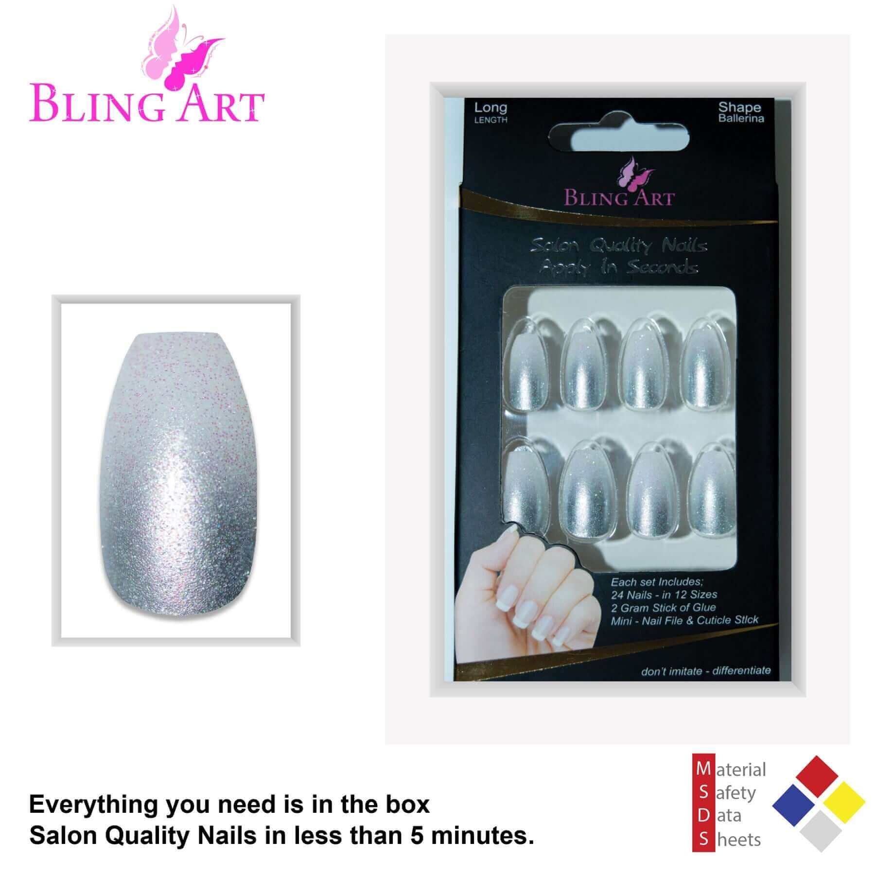 False Nails by Bling Art Silver Gel Ombre Ballerina Coffin 24 Fake Acrylic Tips
