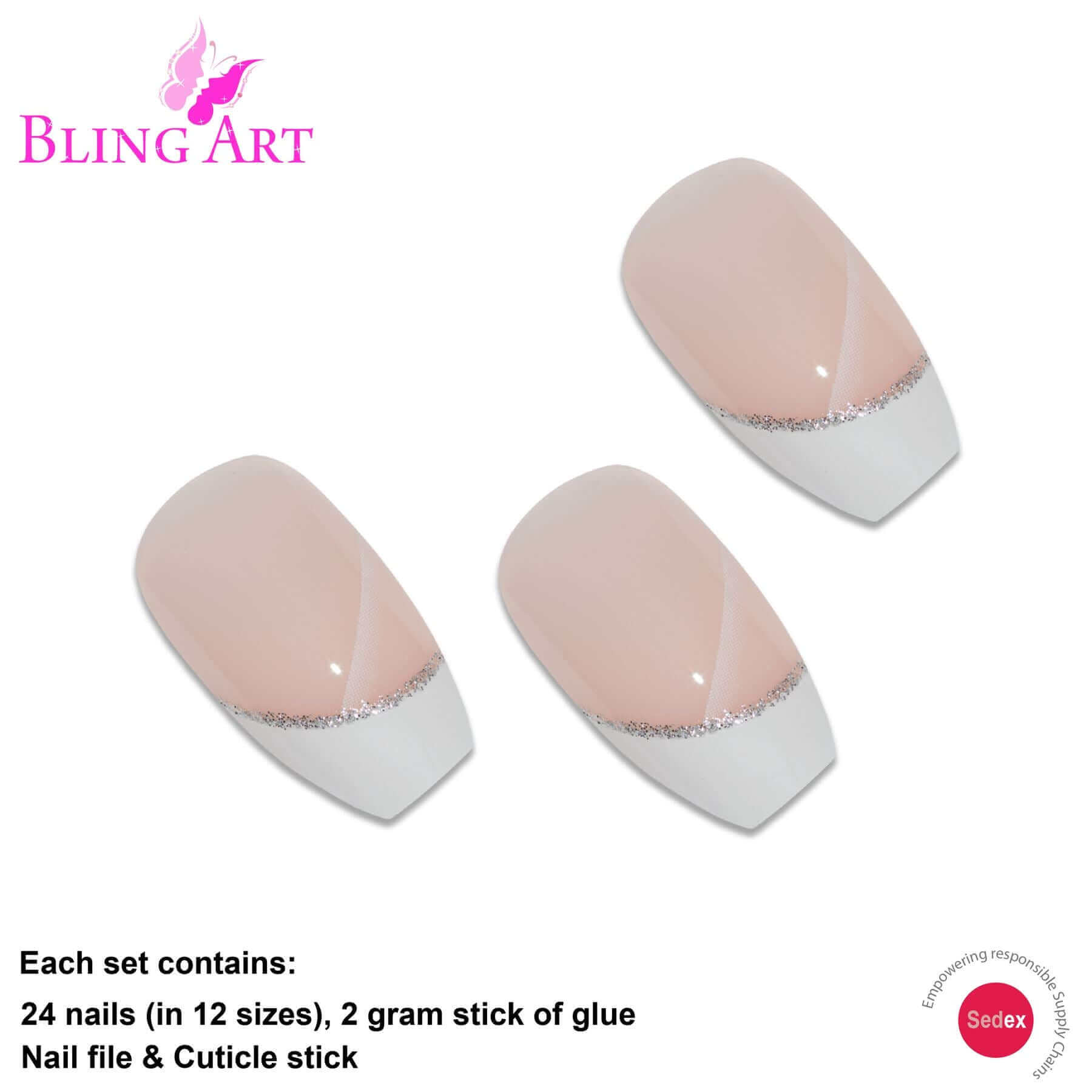 False Nails by Bling Art White Polished Ballerina Coffin Fake French Nail Tips