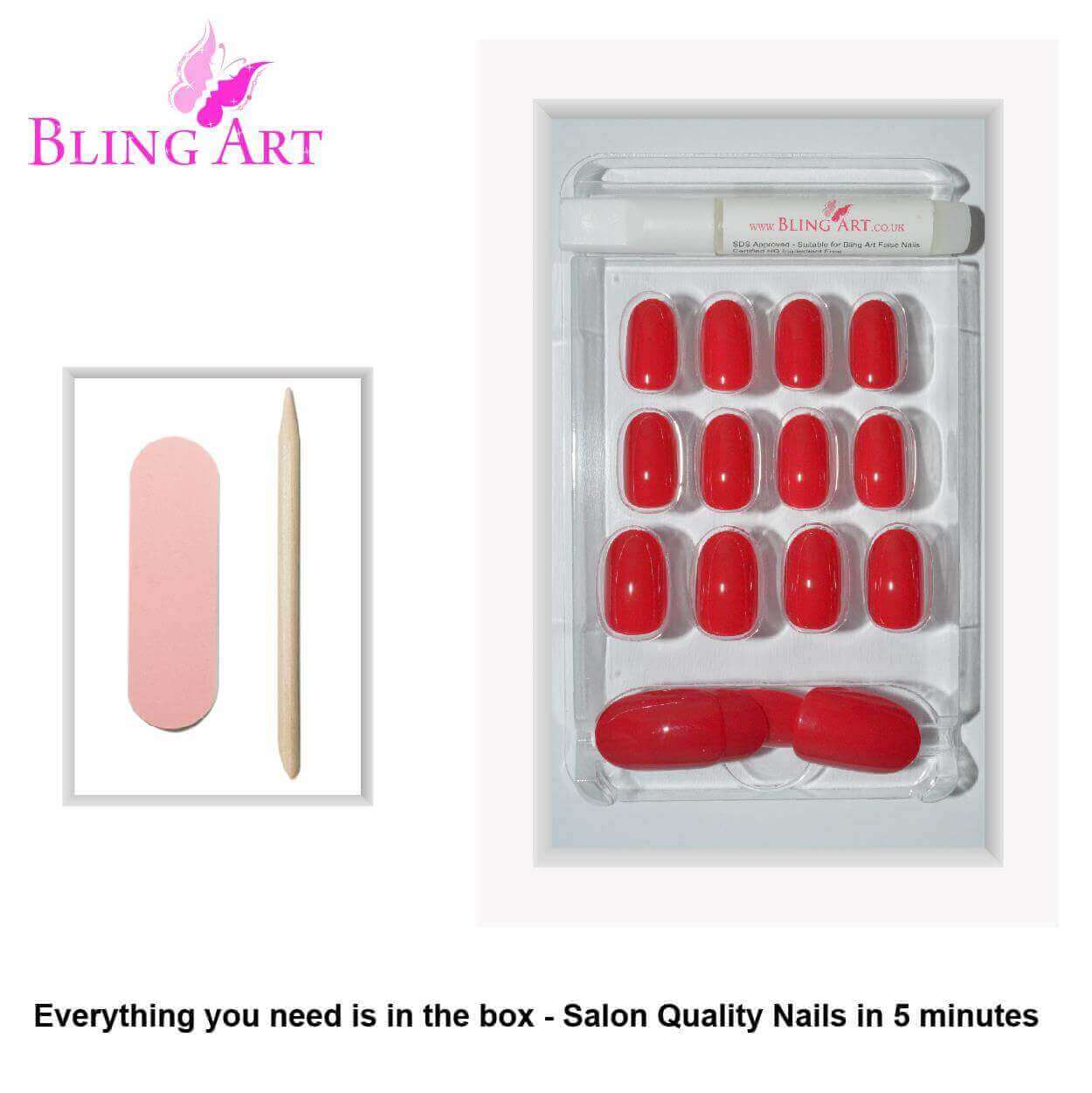 False Nails by Bling Art Red Polished Oval Medium Fake 24 Acrylic Nail Tips