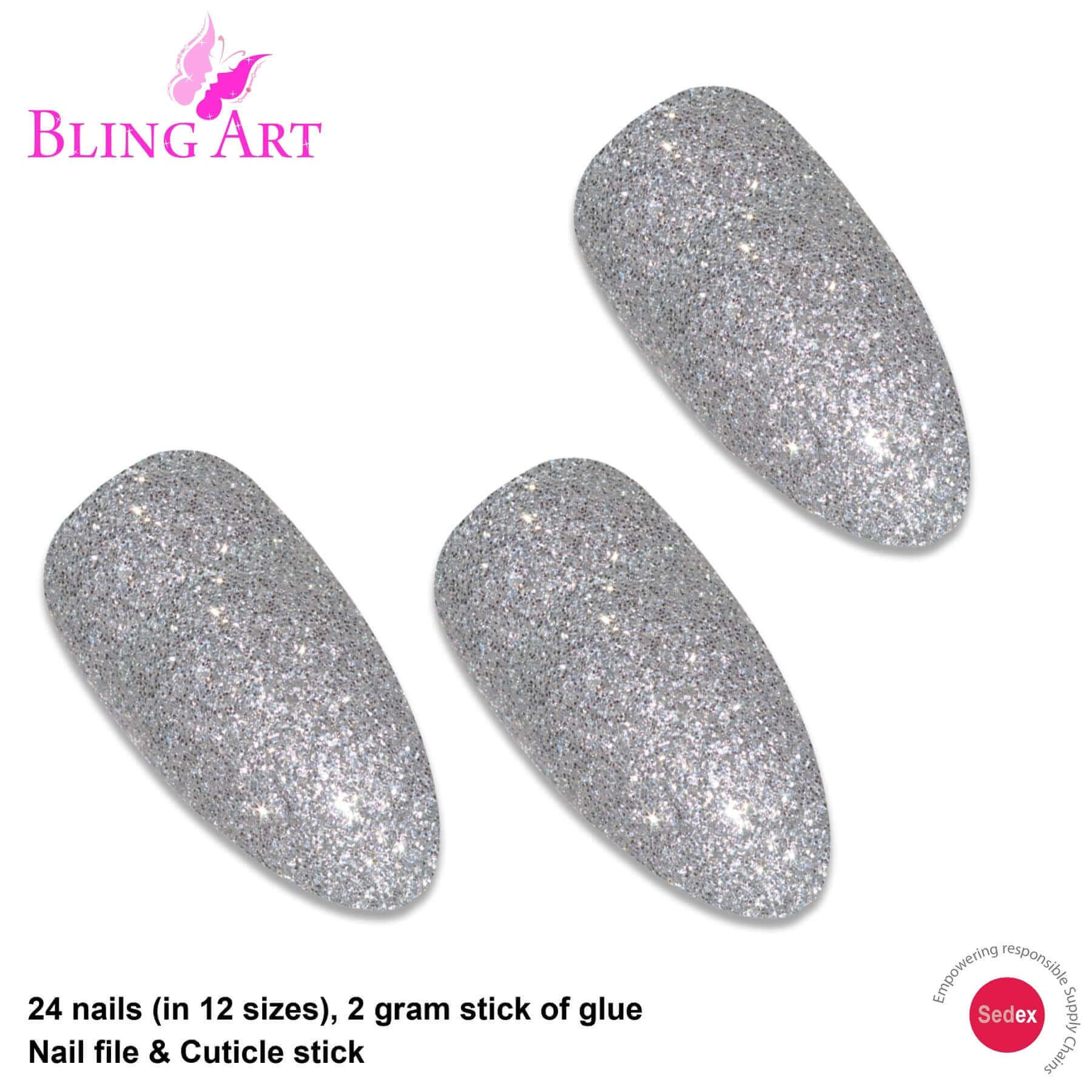 False Nails Bling Art Silver Gel Almond Stiletto Long Fake Acrylic Tips with Glue