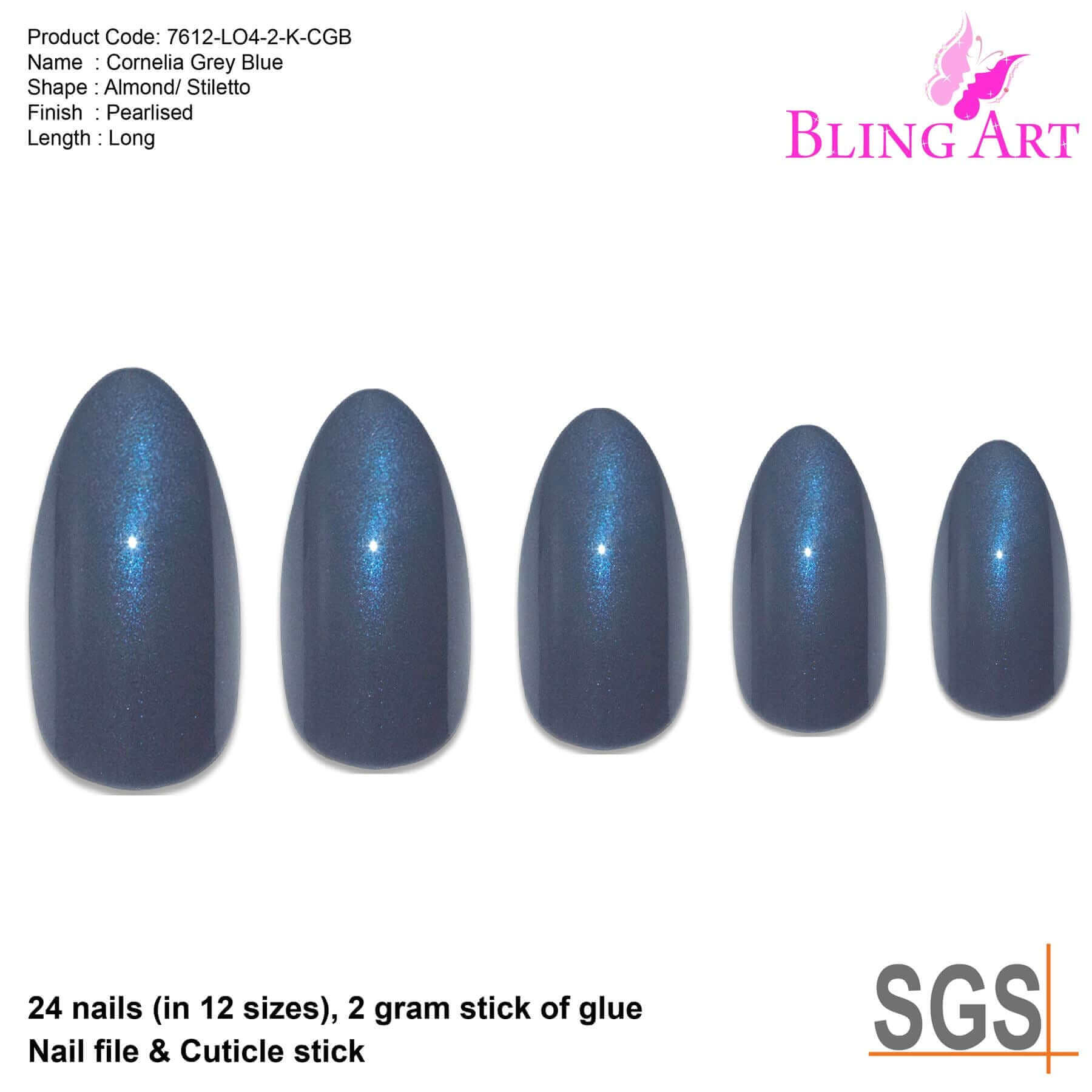 False Nails by Bling Art Grey Glitter Almond Stiletto 24 Fake Long Acrylic Tips