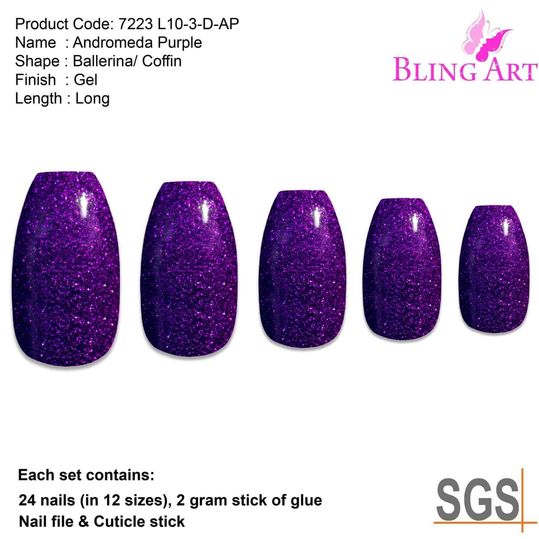 False Nails by Bling Art Purple Gel Ballerina Coffin 24 Fake Long Acrylic Tips