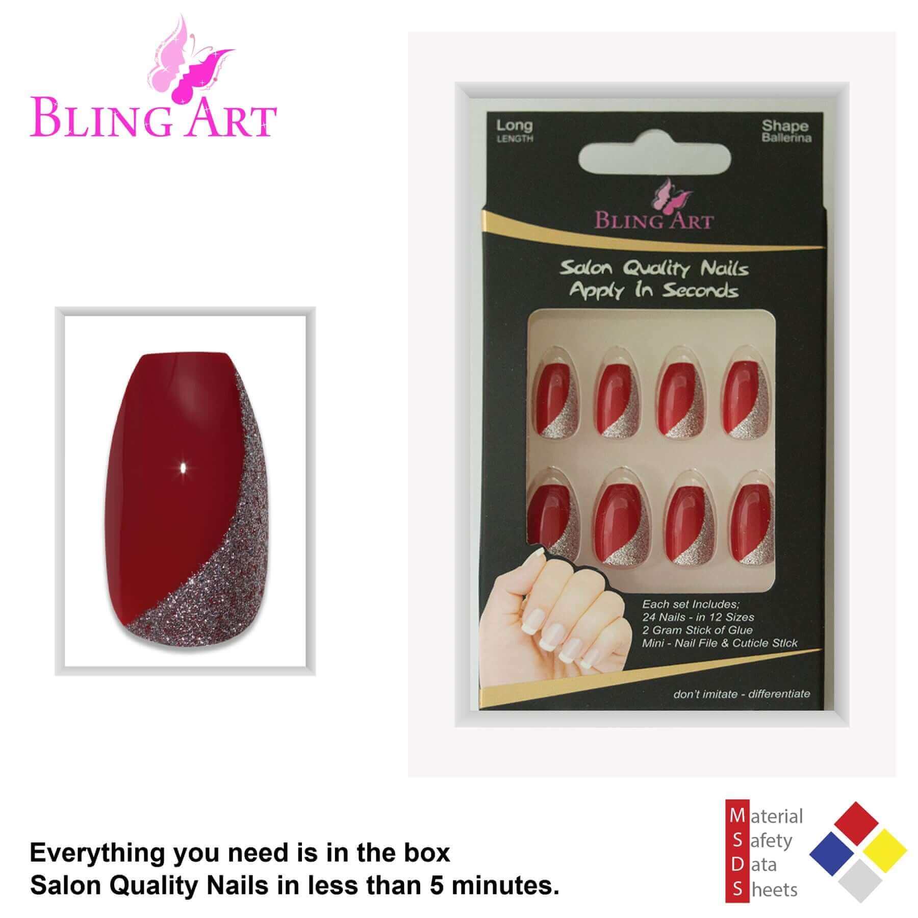 False Nails by Bling Art Red Glitter Ballerina Coffin Acrylic 24 Fake Long Nail Tips