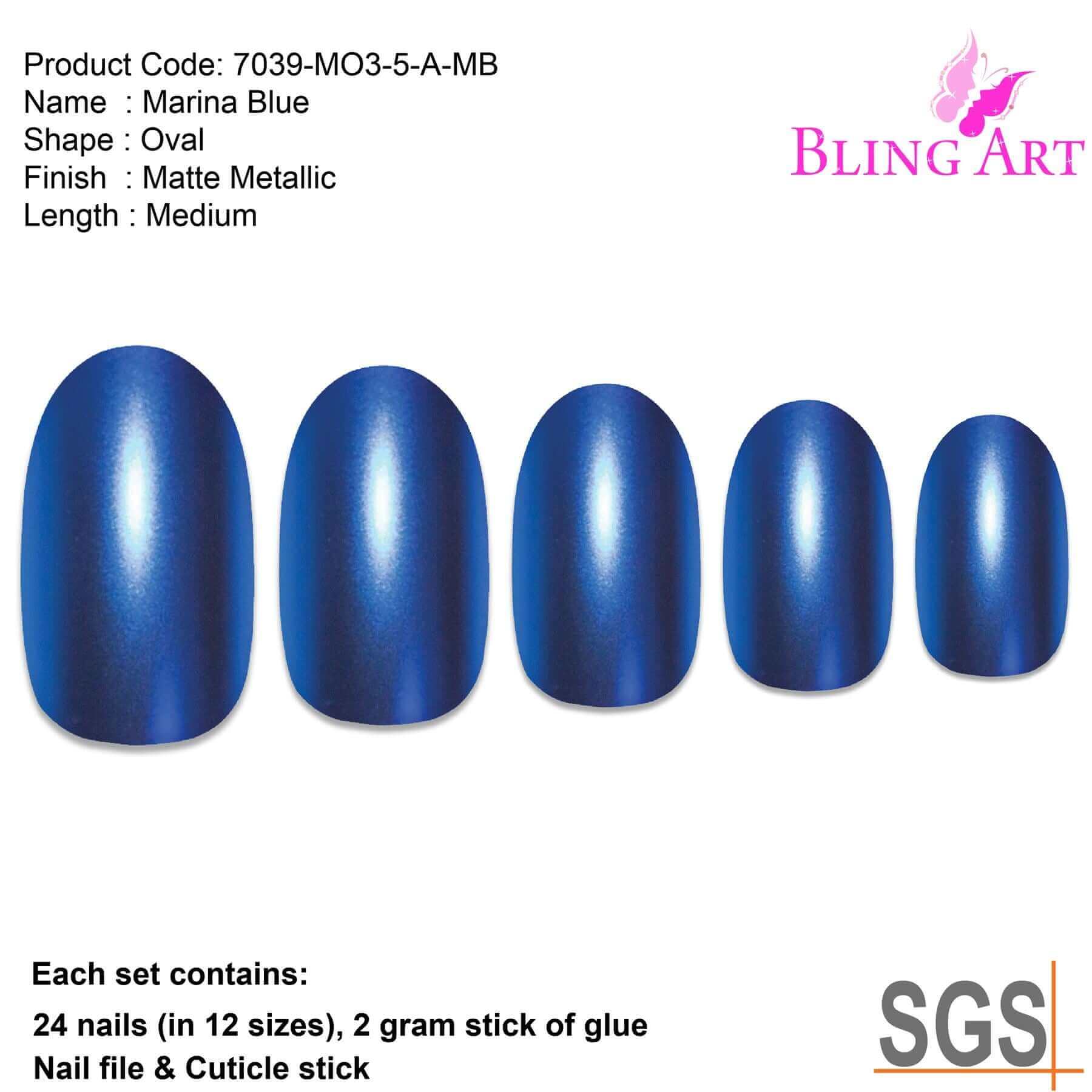 False Nails by Bling Art Blue Matte Metallic Oval Medium Fake Acrylic Tips Glue