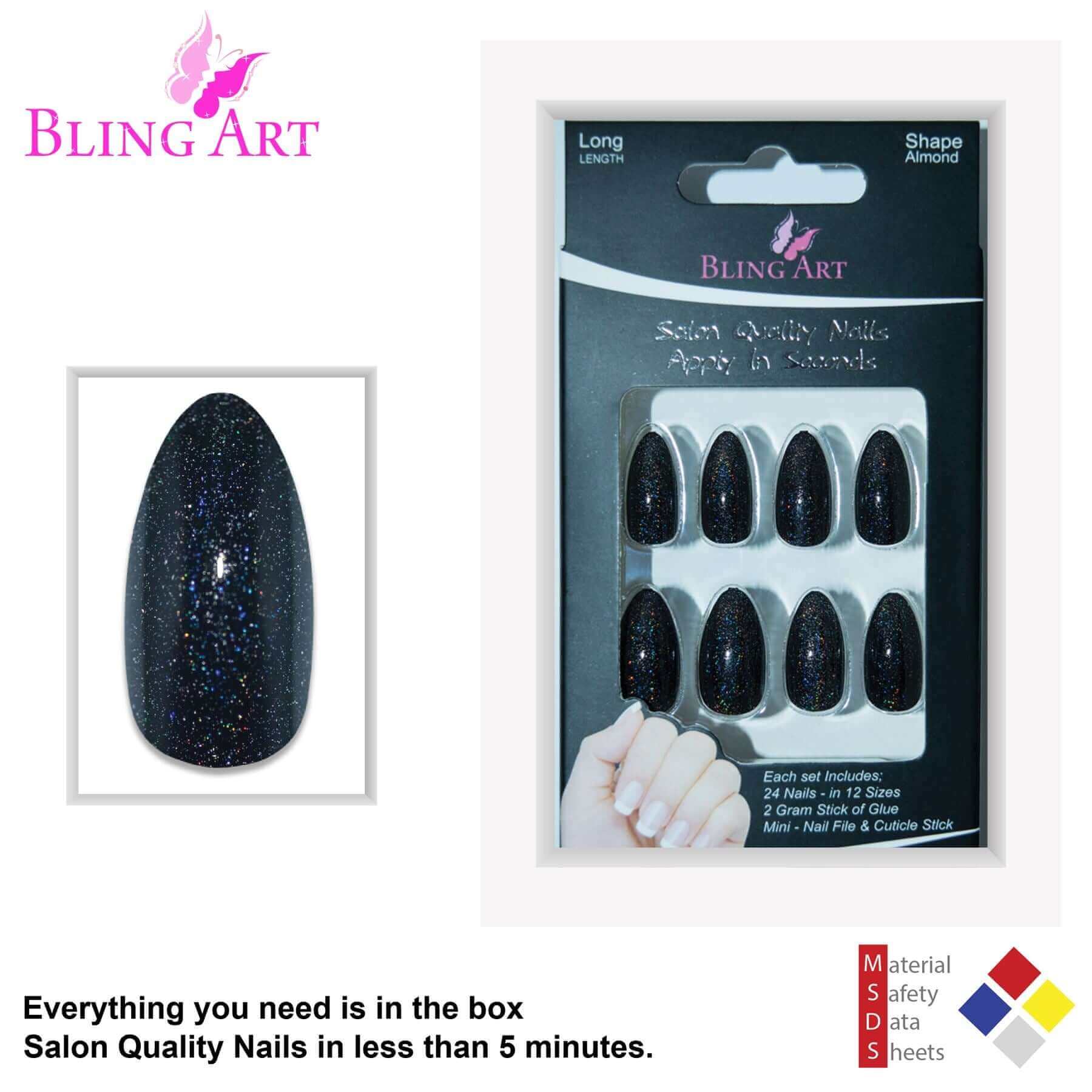 False Nails by Bling Art Black Gel Almond Stiletto 24 Fake Long Acrylic Tips