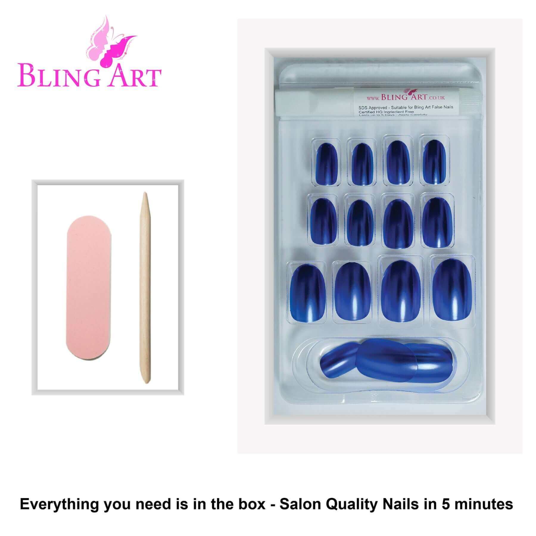 False Nails by Bling Art Blue Matte Metallic Oval Medium Fake Acrylic Tips Glue