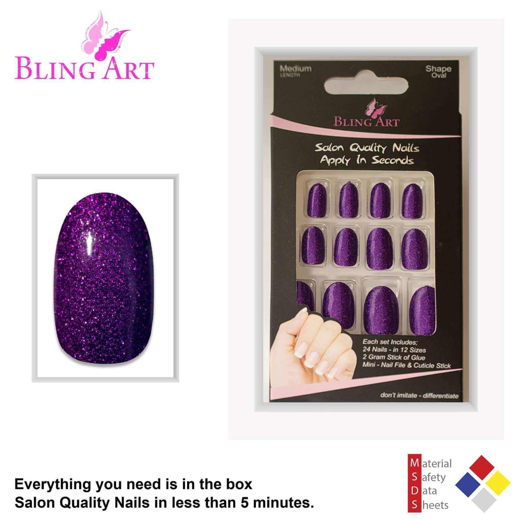 Multipack - False Nails by Bling Art Purple Gel Oval Medium Fake Acrylic Round Nail Tips with Glue