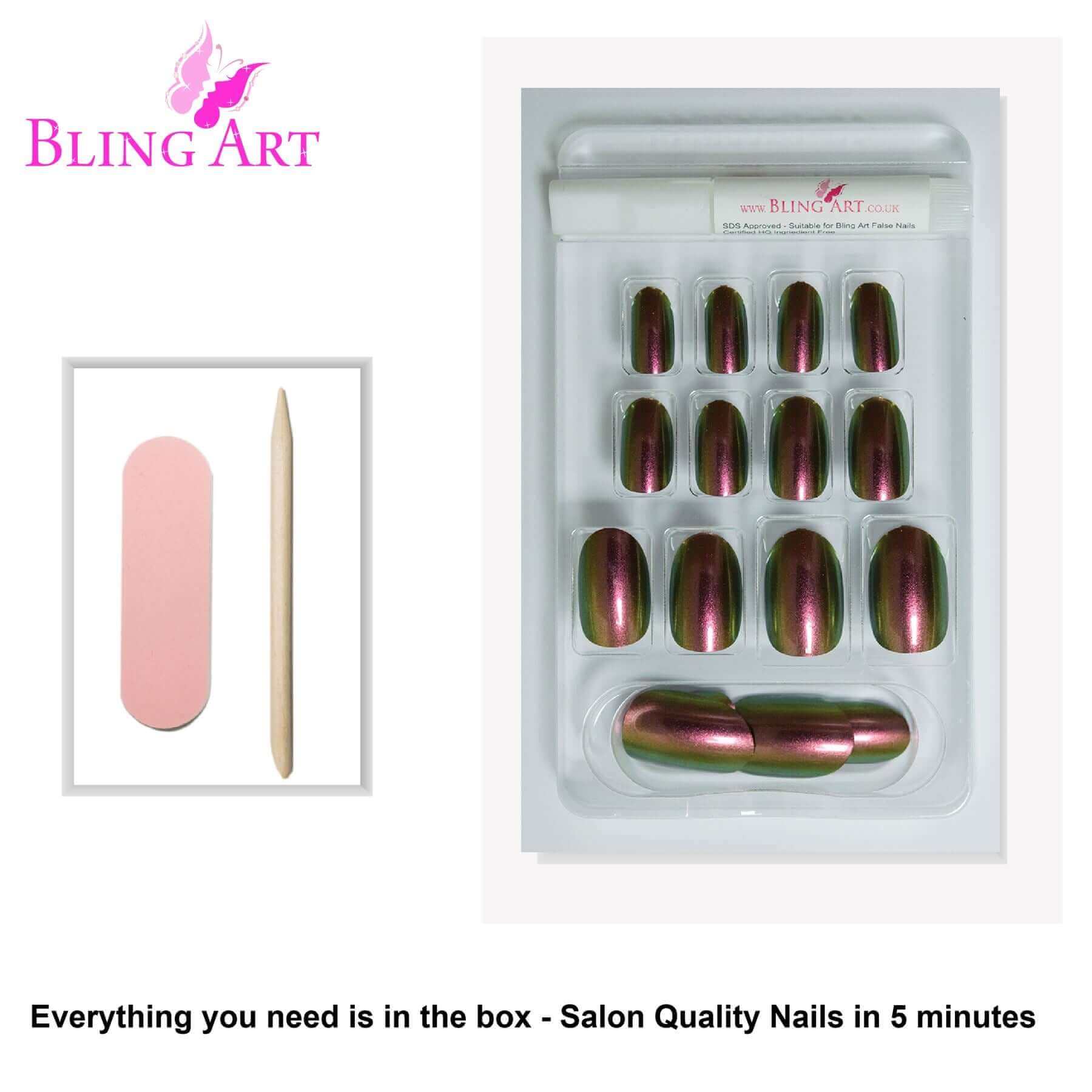 False Nails by Bling Art Gold Green Chameleon Oval Medium Fake 24 Nail Tips