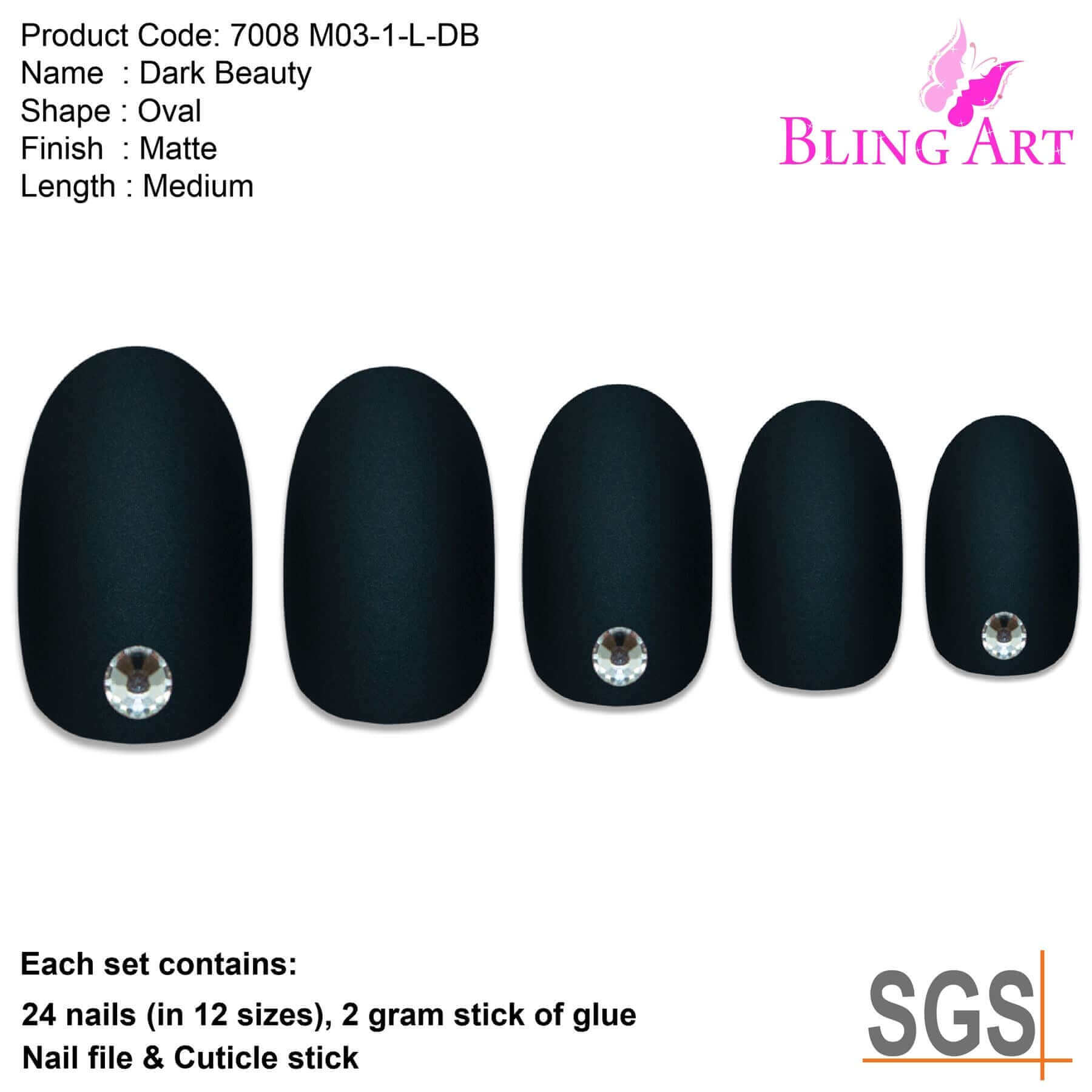 False Nails by Bling Art Black Matte Oval Medium Fake Acrylic 24 Tips with Glue