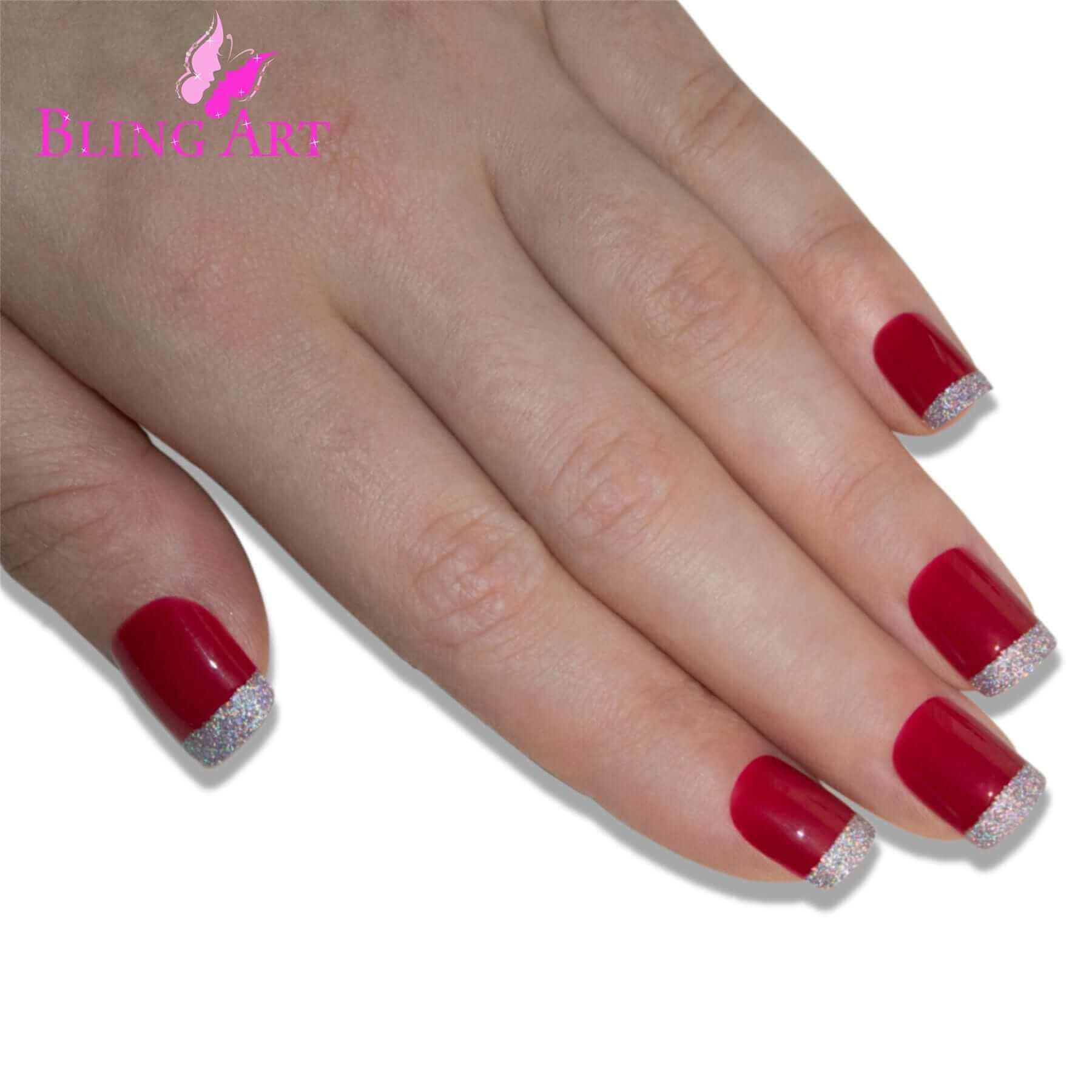 False Nails by Bling Art Red Silver French Manicure Fake Medium Tips with Glue
