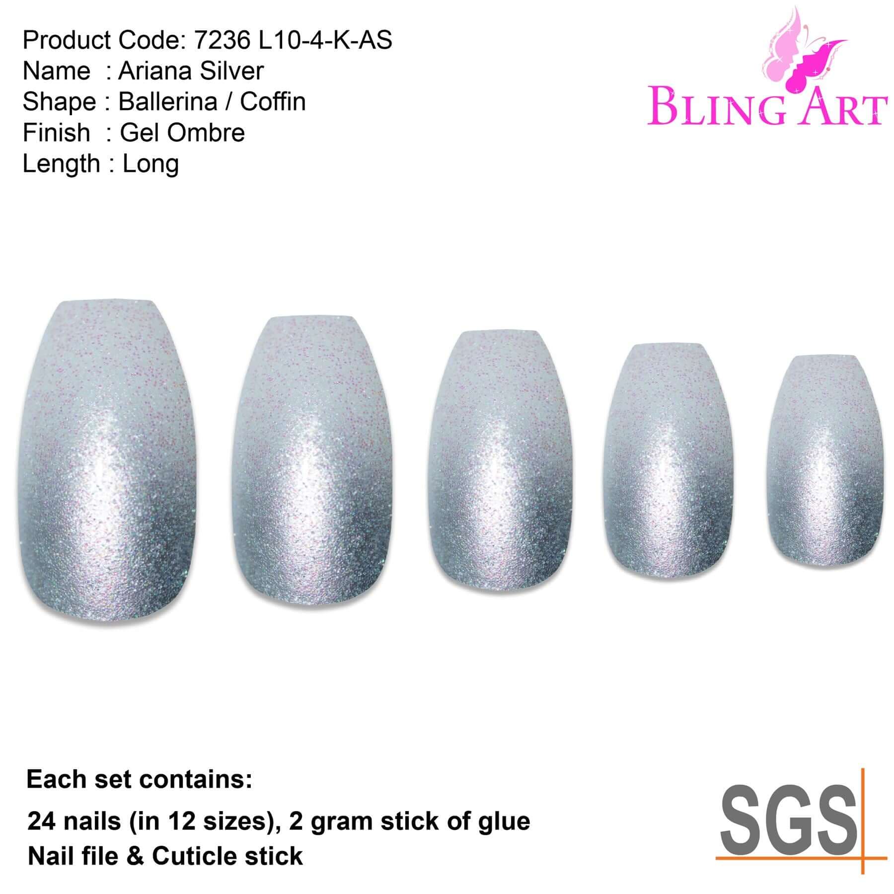 False Nails by Bling Art Silver Gel Ombre Ballerina Coffin 24 Fake Acrylic Tips
