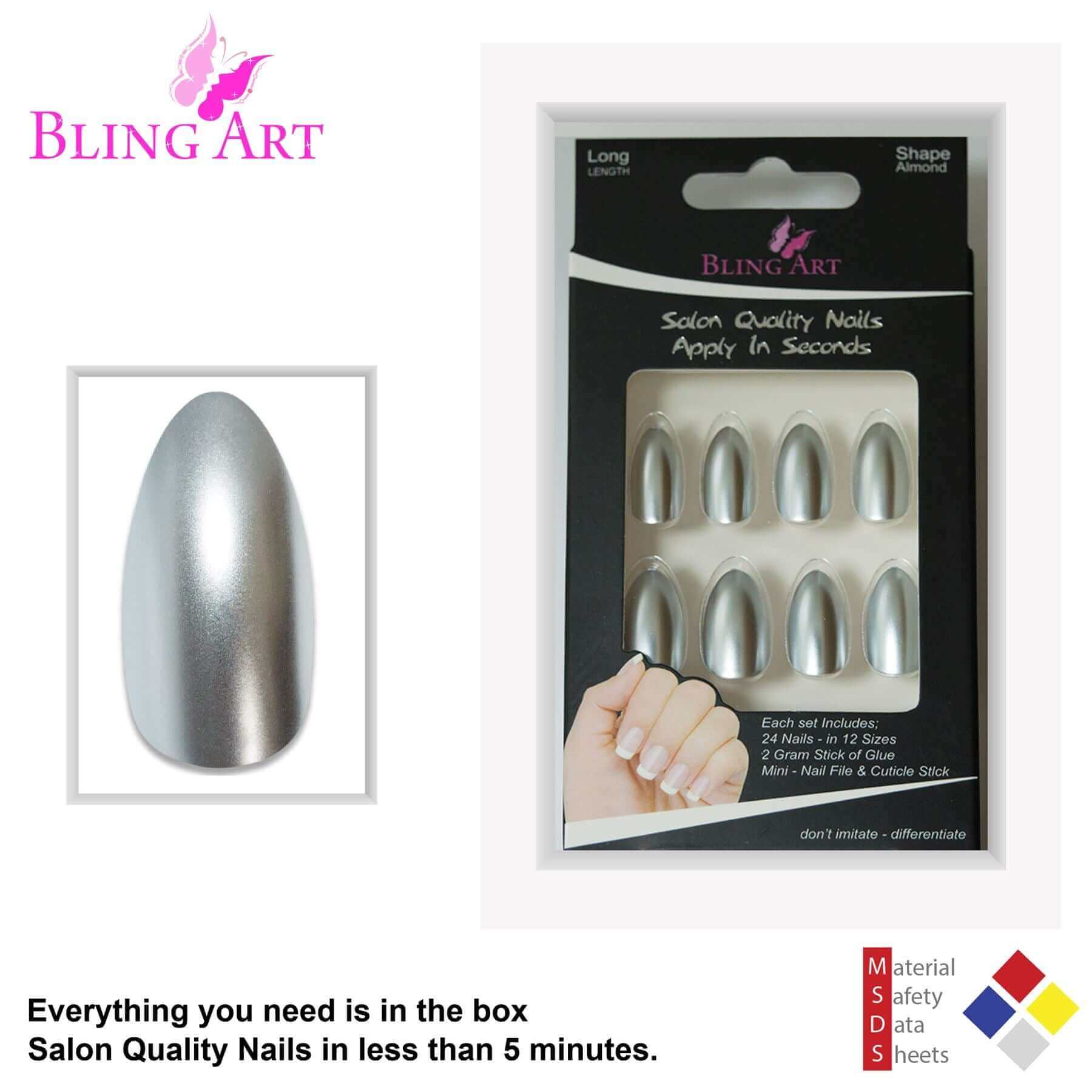 False Nails by Bling Art Silver Matte Metallic Almond Stiletto Fake Acrylic Tips