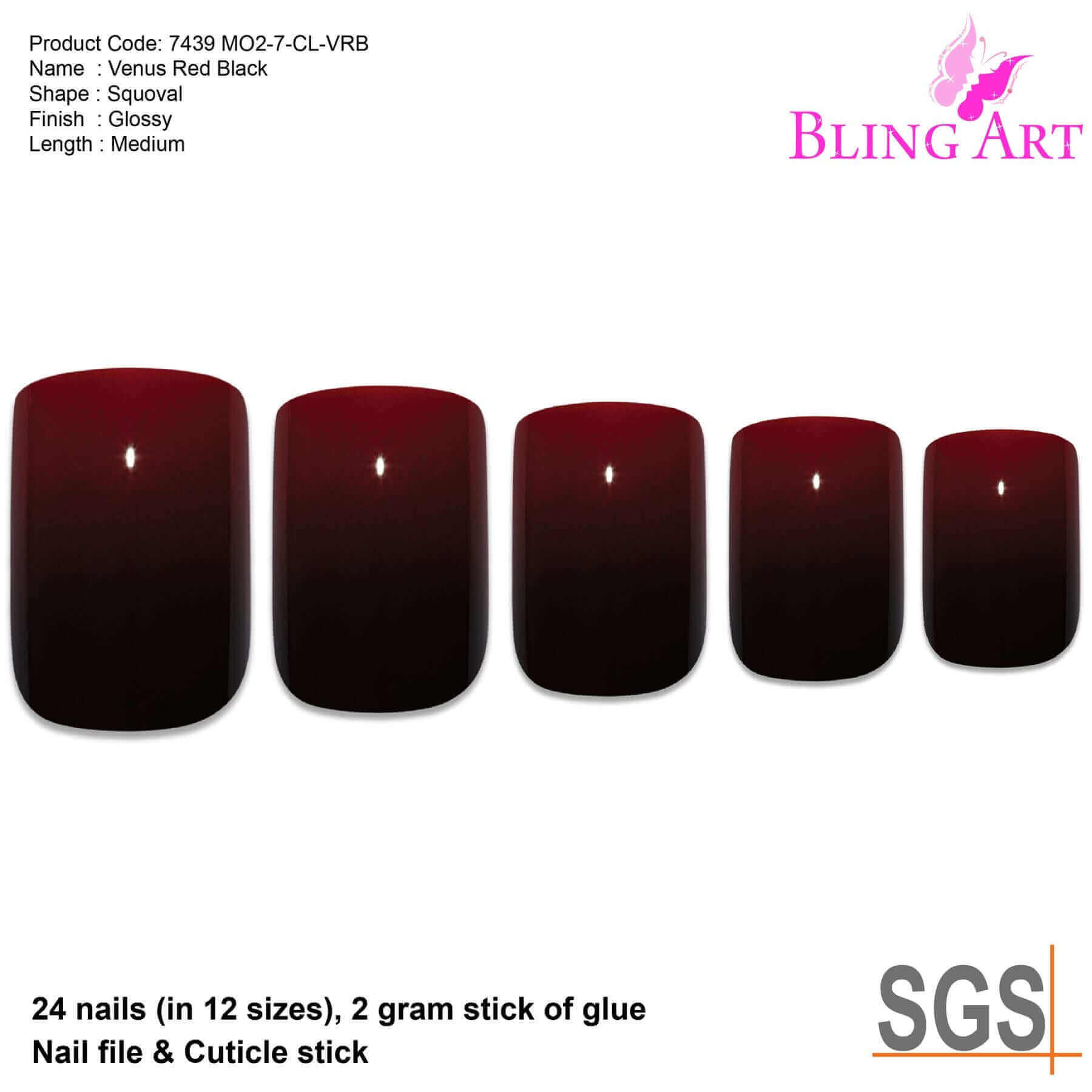 False Nails by Bling Art Red Black French Squoval 24 Fake Medium Acrylic Tips
