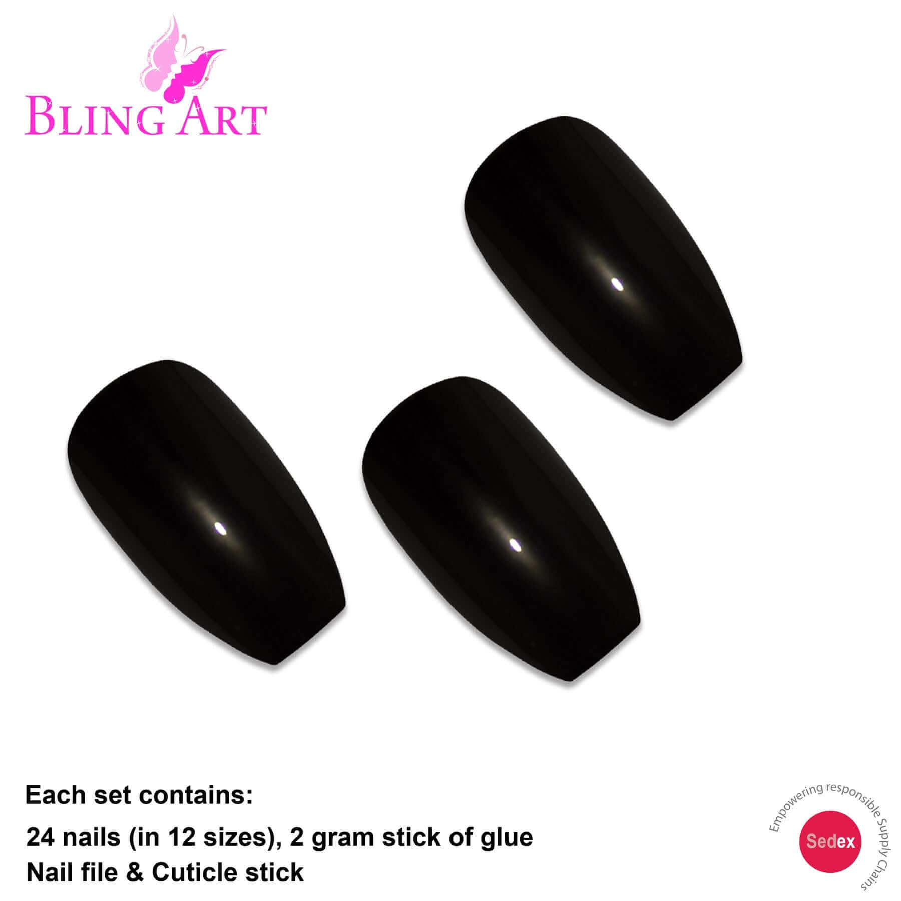 False Nails Bling Art Black Polished Ballerina Coffin Long Acrylic Fake Tips