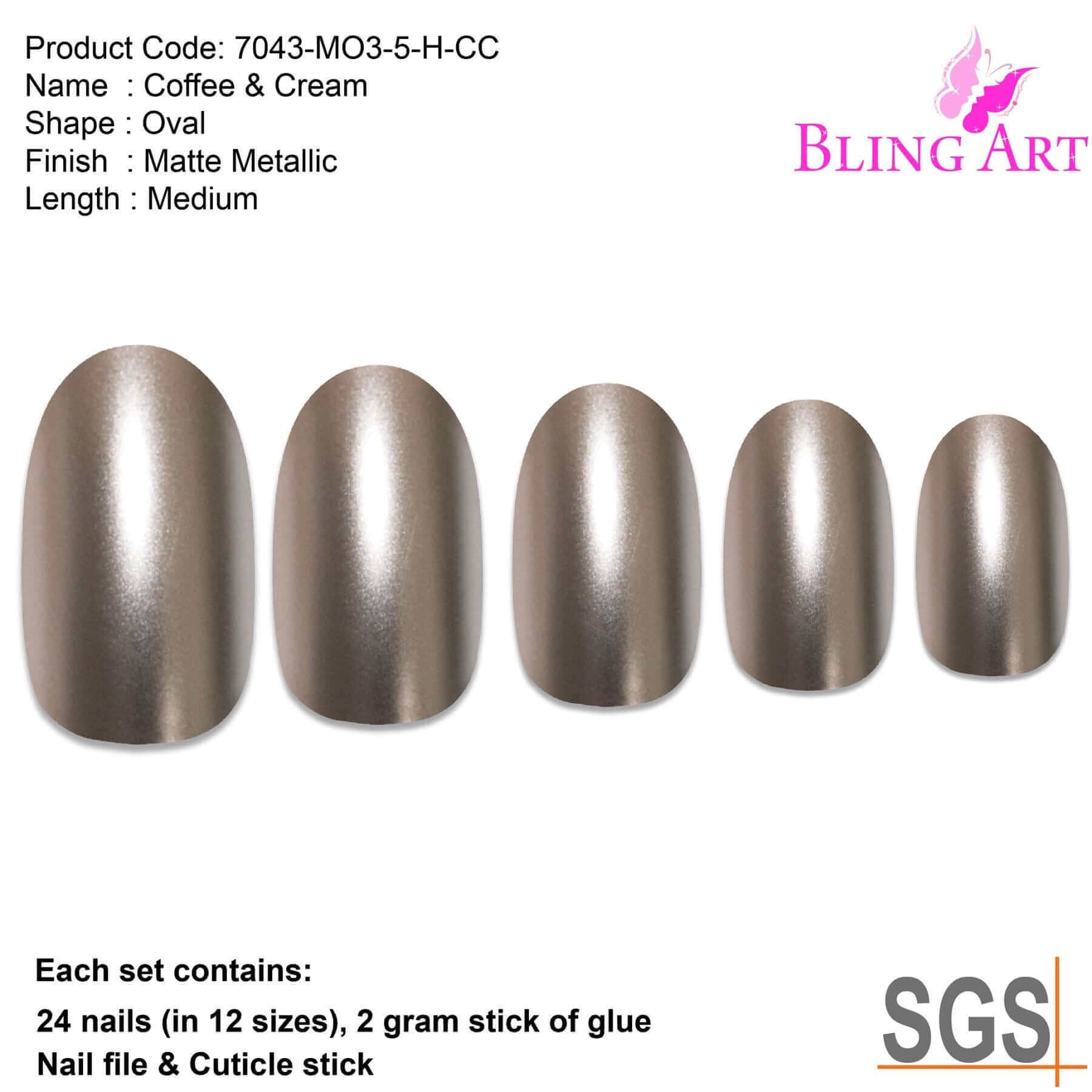 False Nails by Bling Art Beige Matte Metallic Oval Medium Fake Acrylic Tips Glue