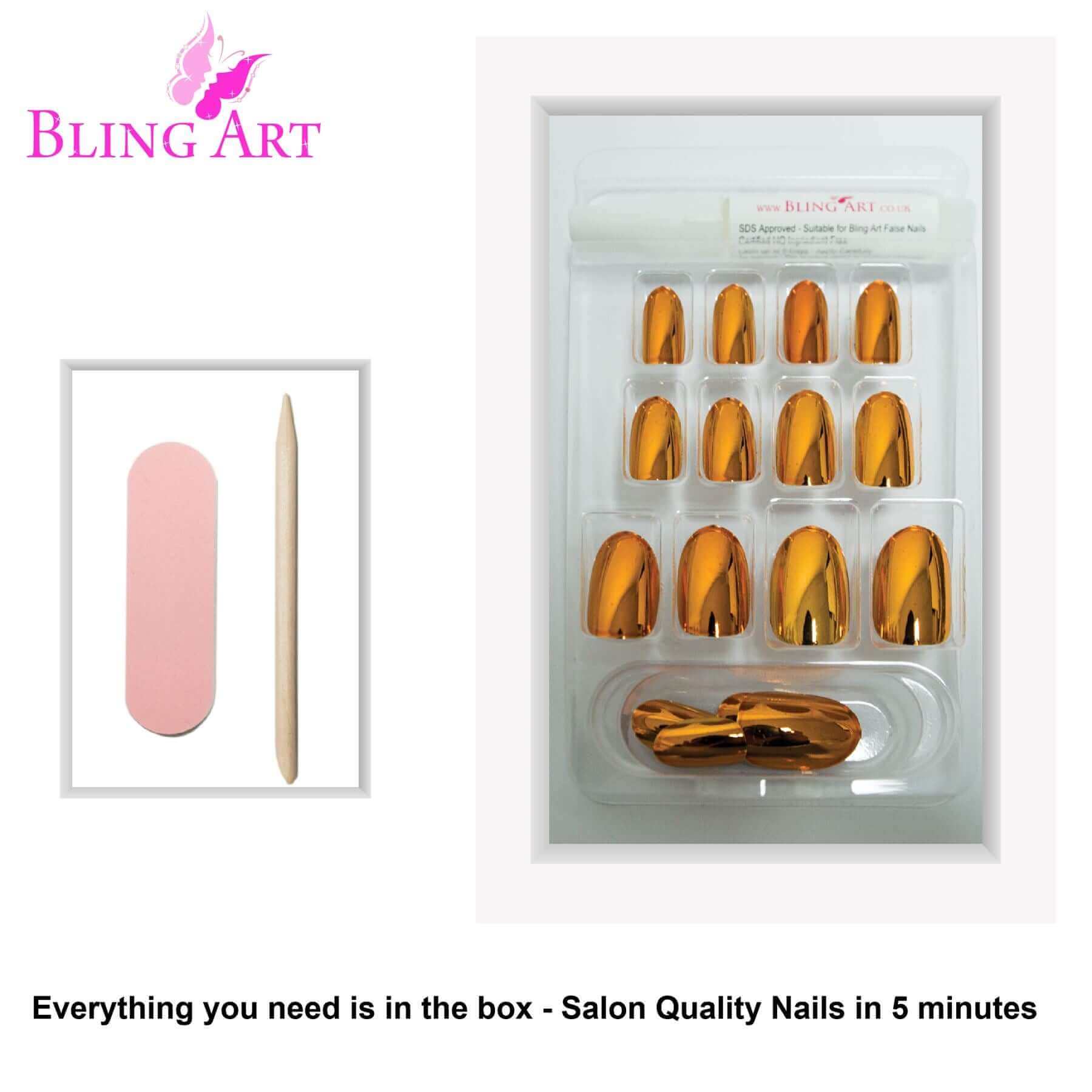False Nails by Bling Art Gold Metallic Oval Medium Fake 24 Acrylic Nail Tips Glue
