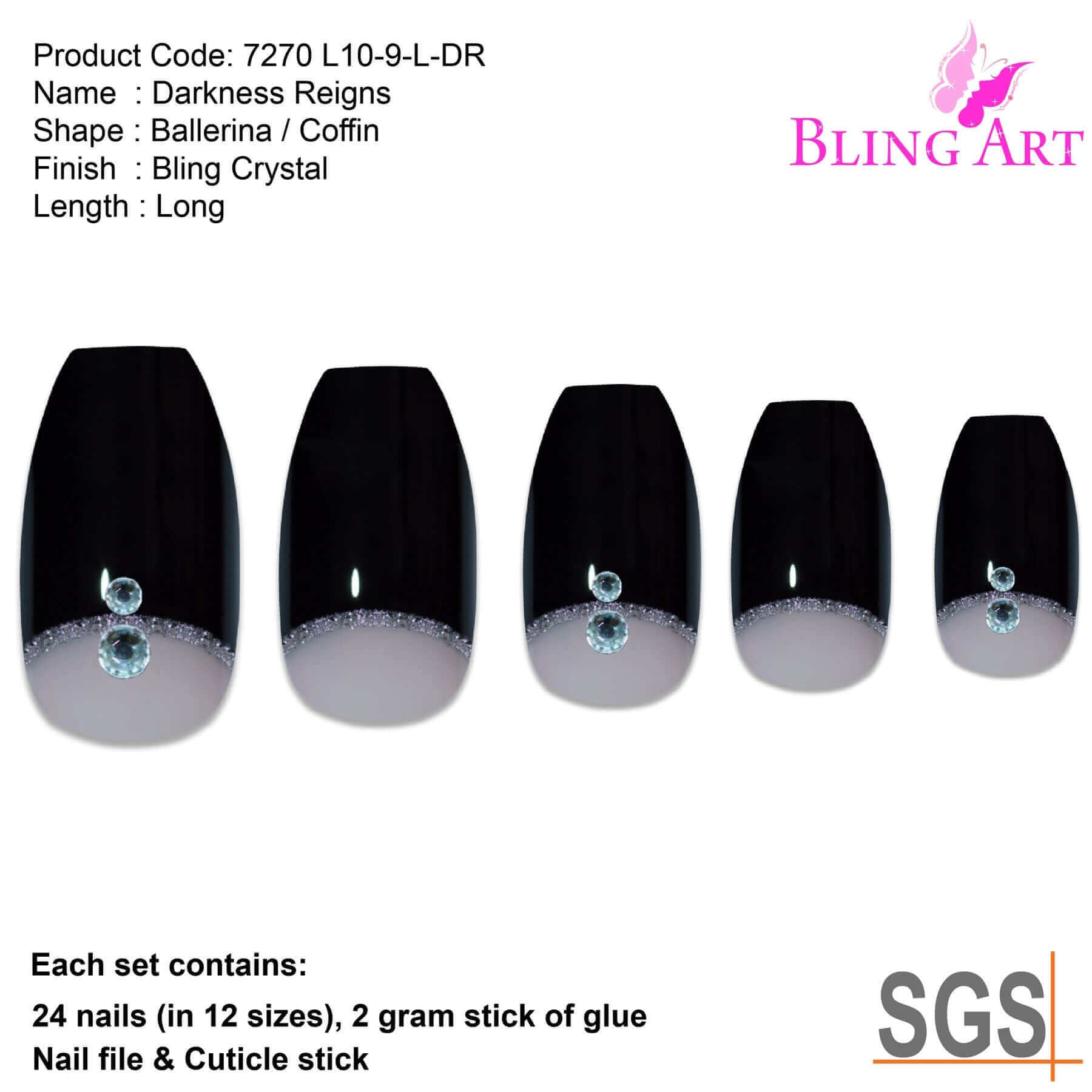 False Nails Bling Art Black Crystal Polished Ballerina Coffin Long Fake Tips