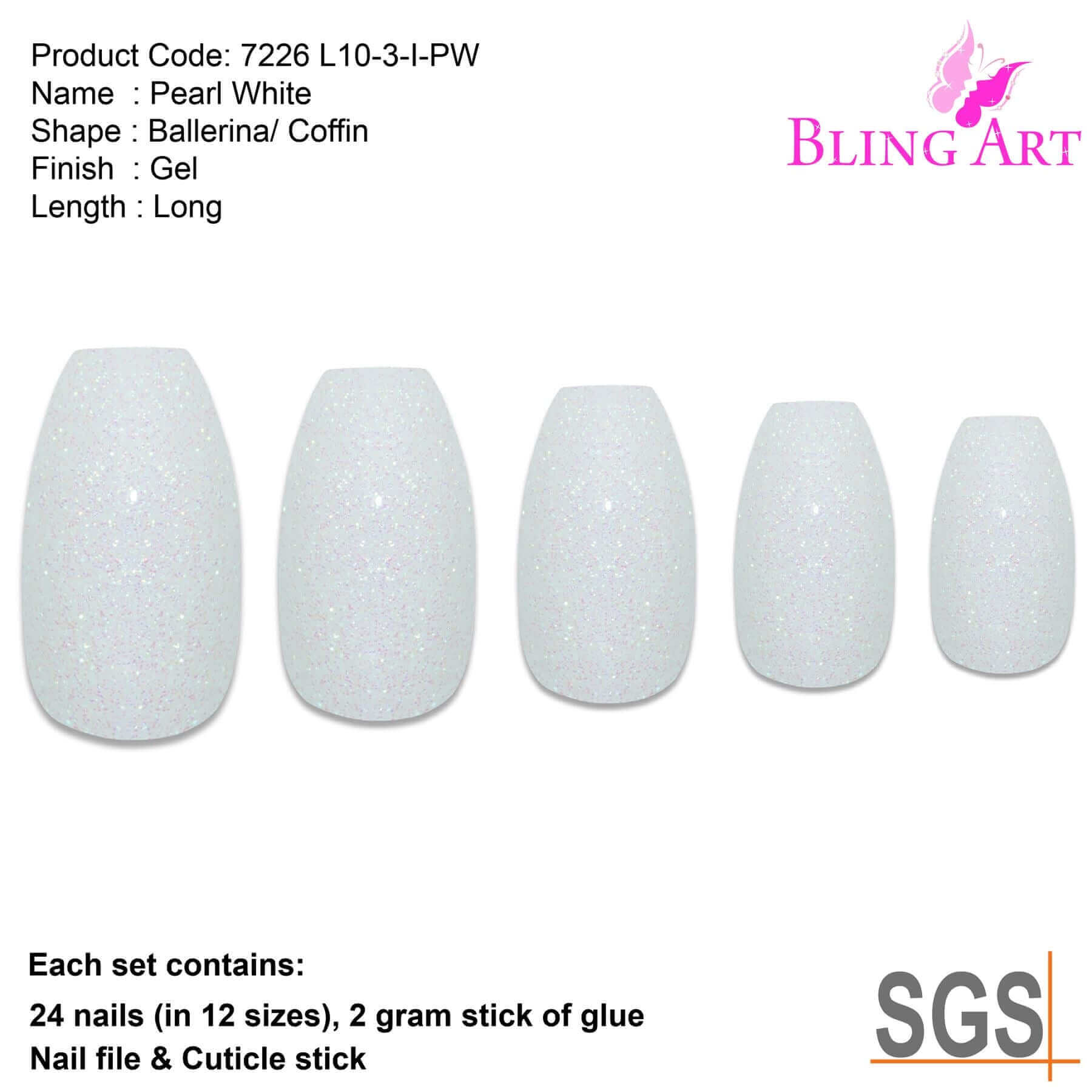 False Nails by Bling Art White Gel Ballerina Coffin 24 Fake Long Acrylic Tips