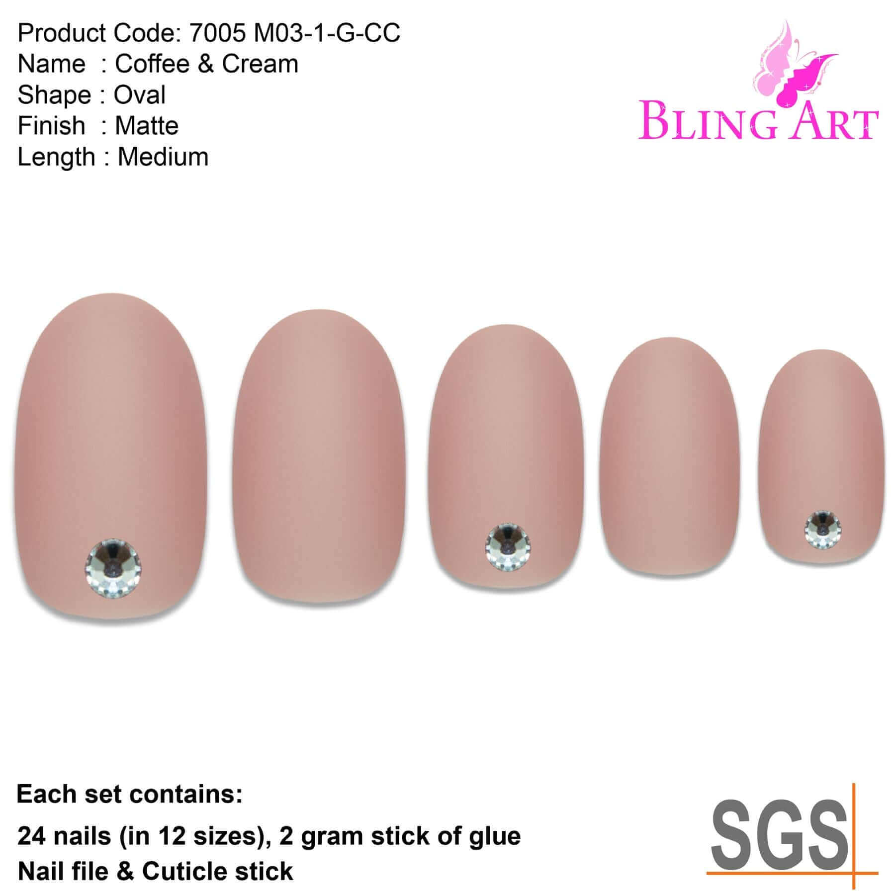 False Nails by Bling Art Beige Matte Oval Medium Fake Acrylic Tips Glue