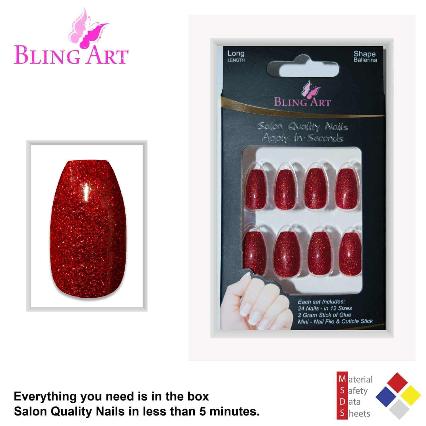 Multipack - False Nails by Bling Art Red Gel Ballerina Coffin 24 Fake Long Acrylic Nail Tips