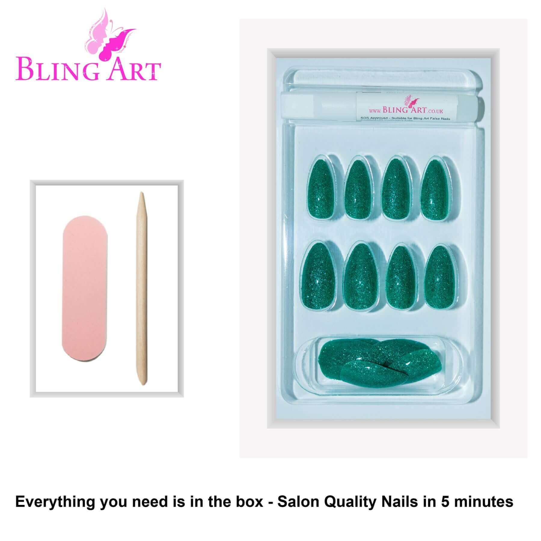 False Nails Bling Art Green Gel Almond Stiletto Long Fake Acrylic Tips with Glue