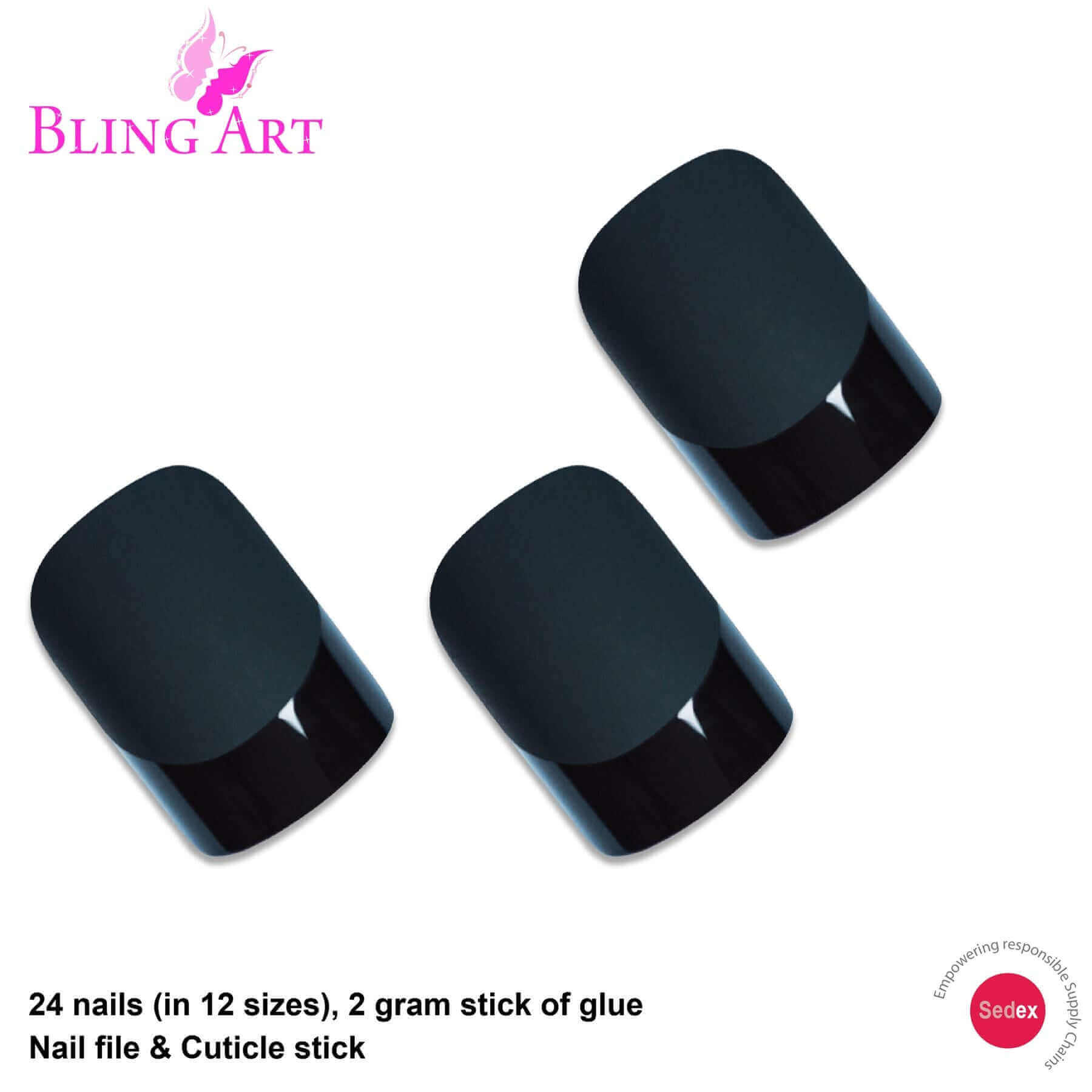 False Nails by Bling Art Black Matte French Manicure Fake Medium Tips with Glue