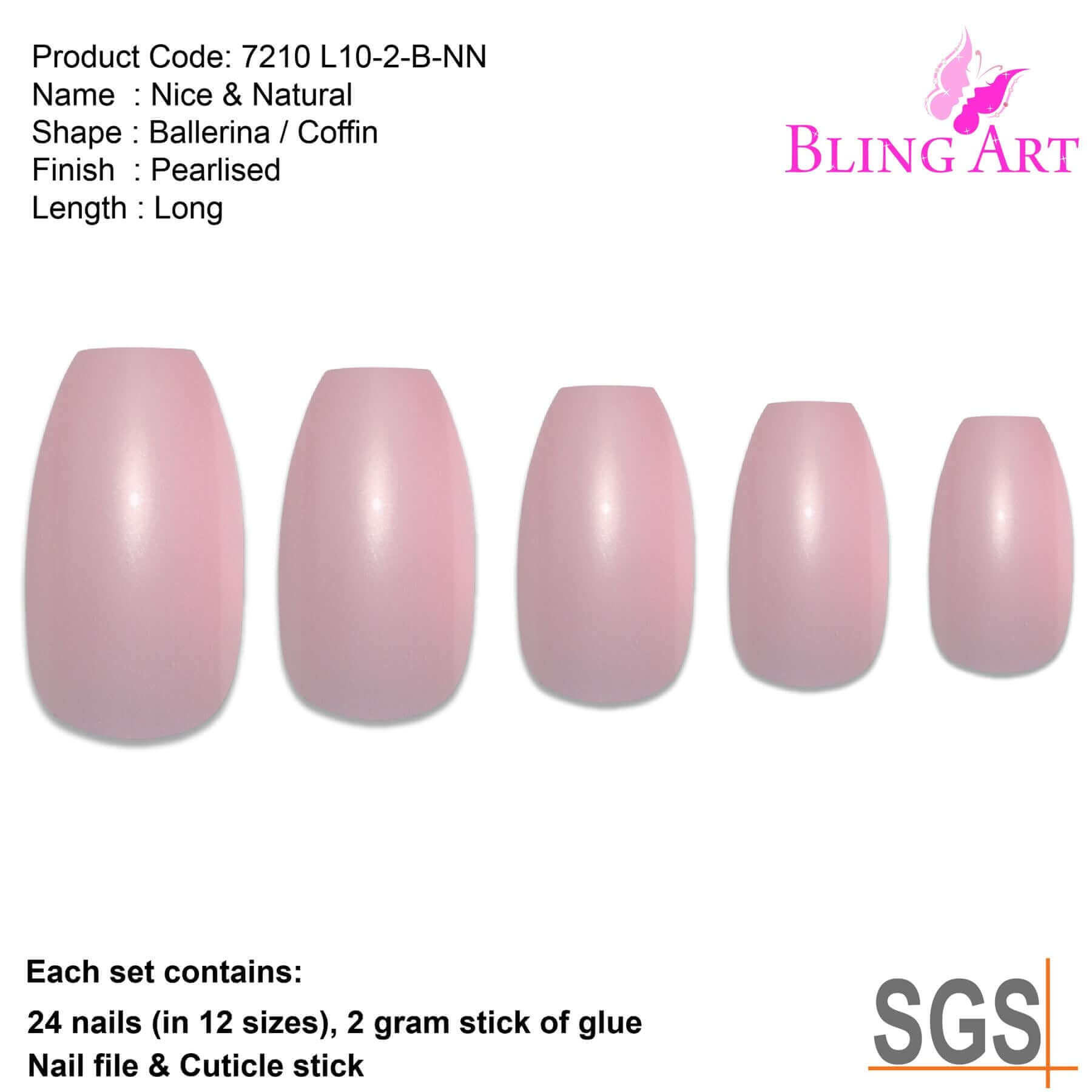 False Nails by Bling Art Pink Glitter Ballerina Coffin 24 Fake Long Acrylic Tips