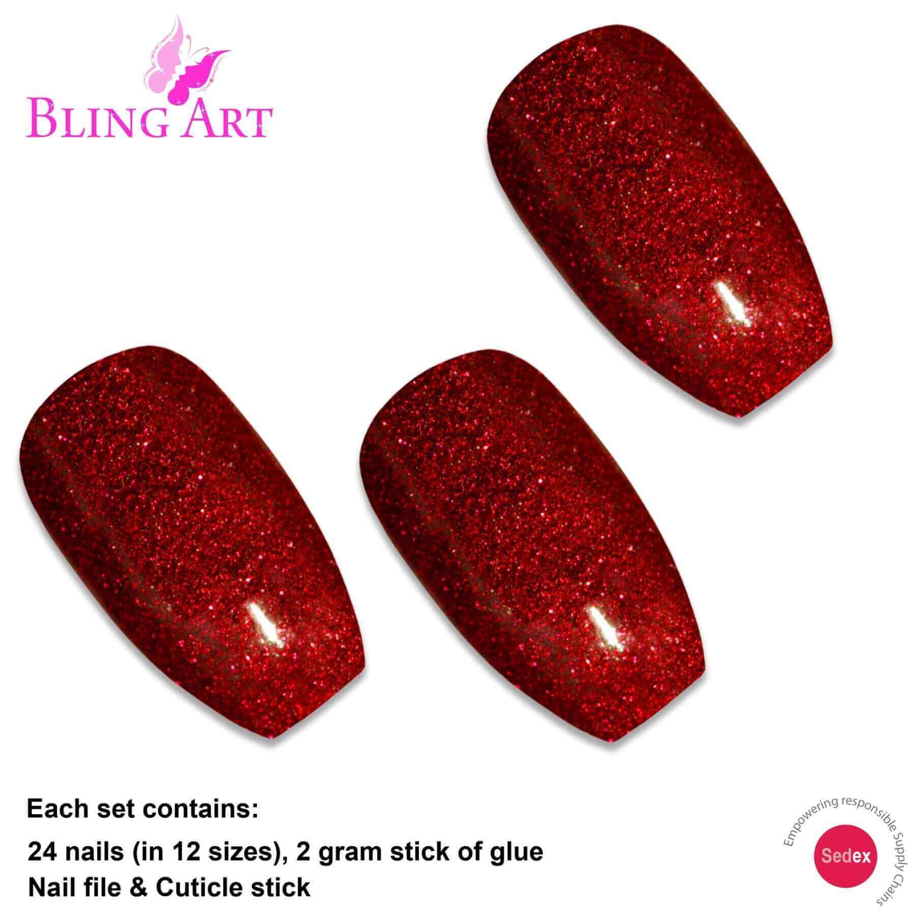 Multipack - False Nails by Bling Art Red Gel Ballerina Coffin 24 Fake Long Acrylic Nail Tips