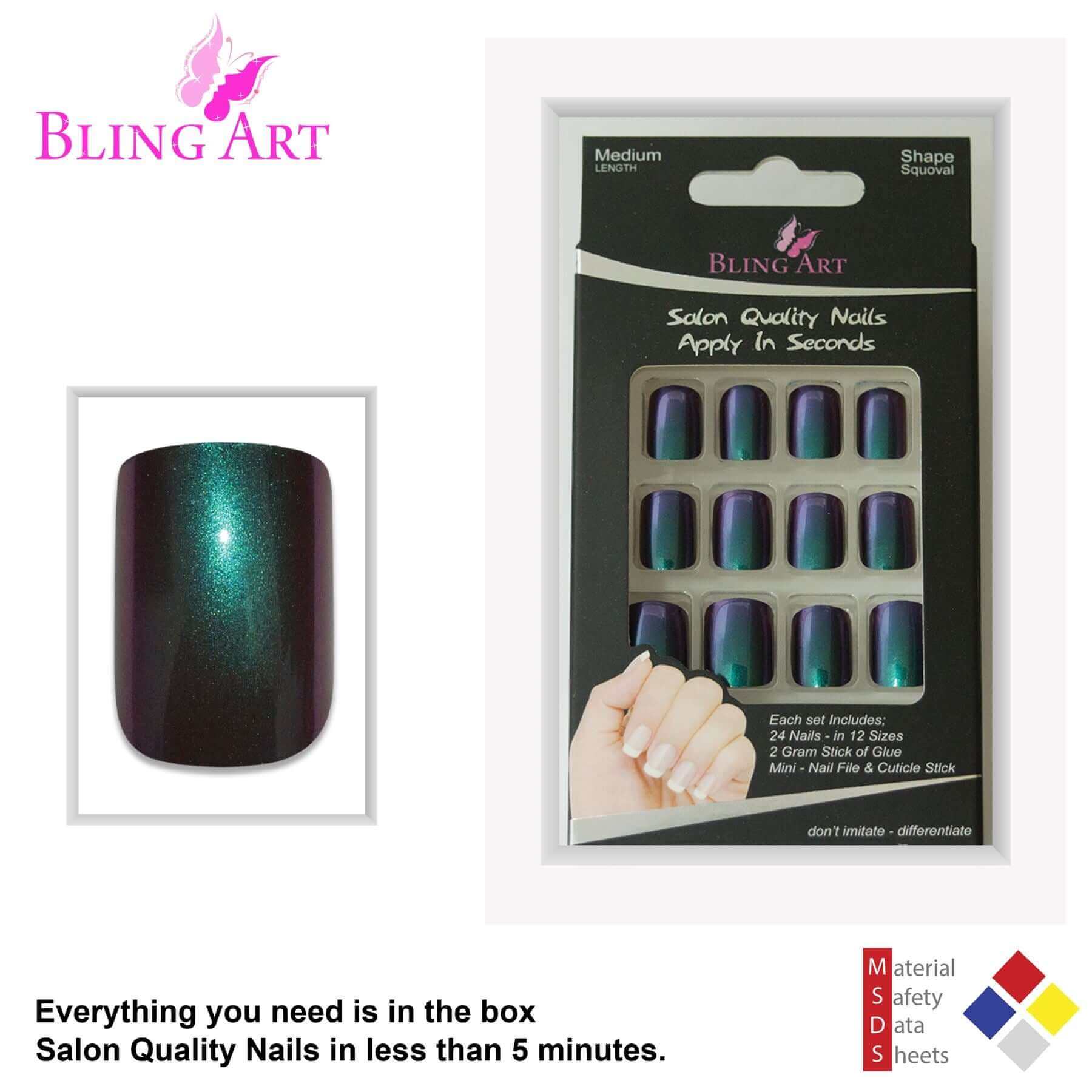 False Nails by Bling Art Green Purple Chameleon French Squoval 24 Fake Tips