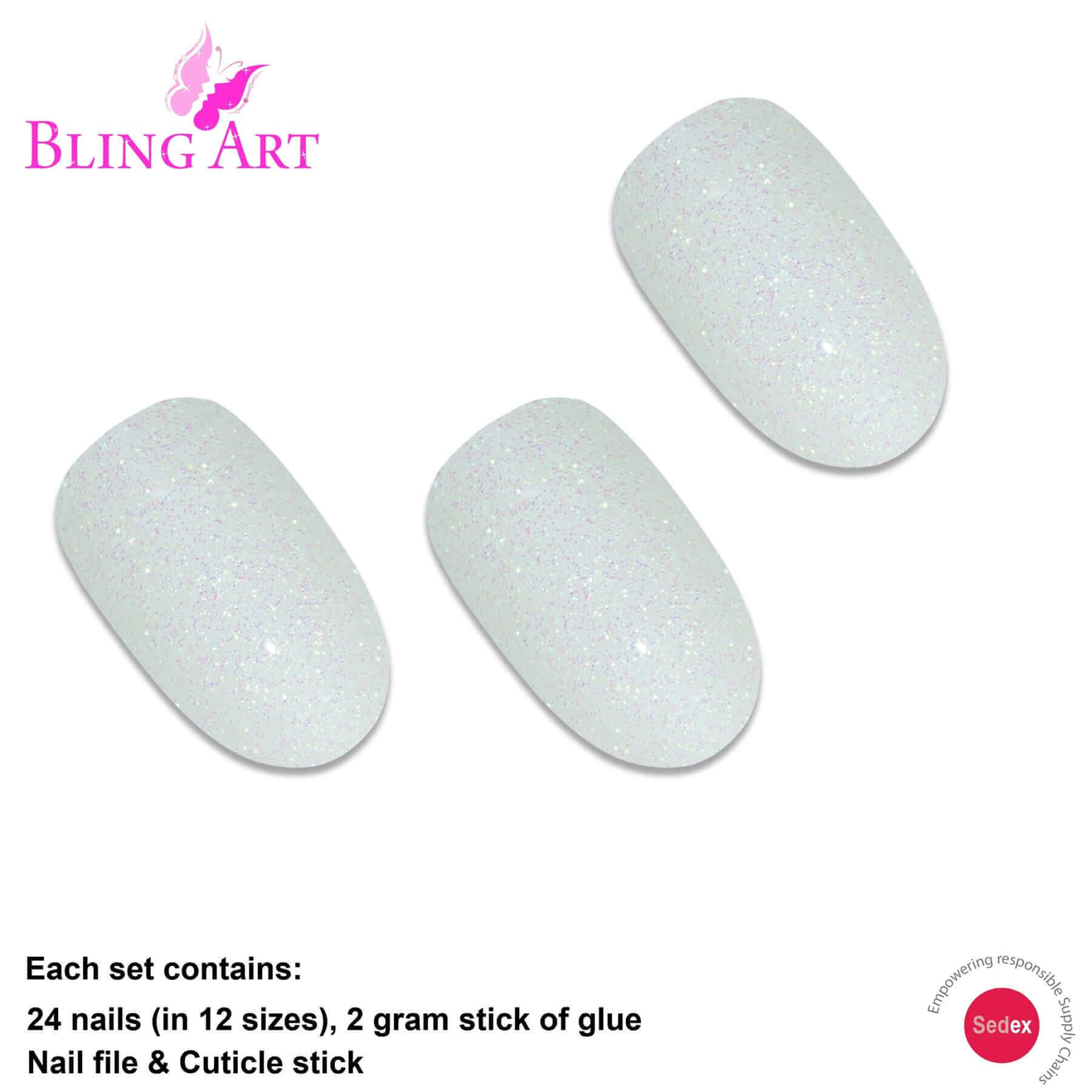 False Nails by Bling Art White Gel Oval Medium Fake Acrylic 24 Tips with Glue