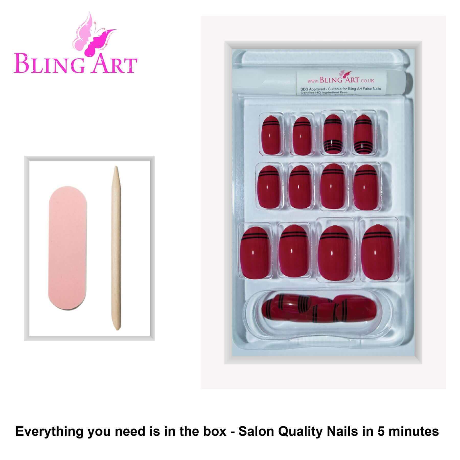 False Nails by Bling Art Red Black Glossy Oval Medium Fake 24 Acrylic Nail Tips