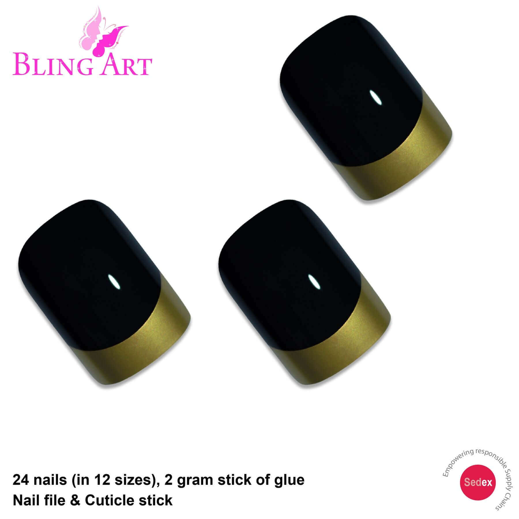 False Nails by Bling Art Gold Black French Manicure Fake Medium Tips with Glue