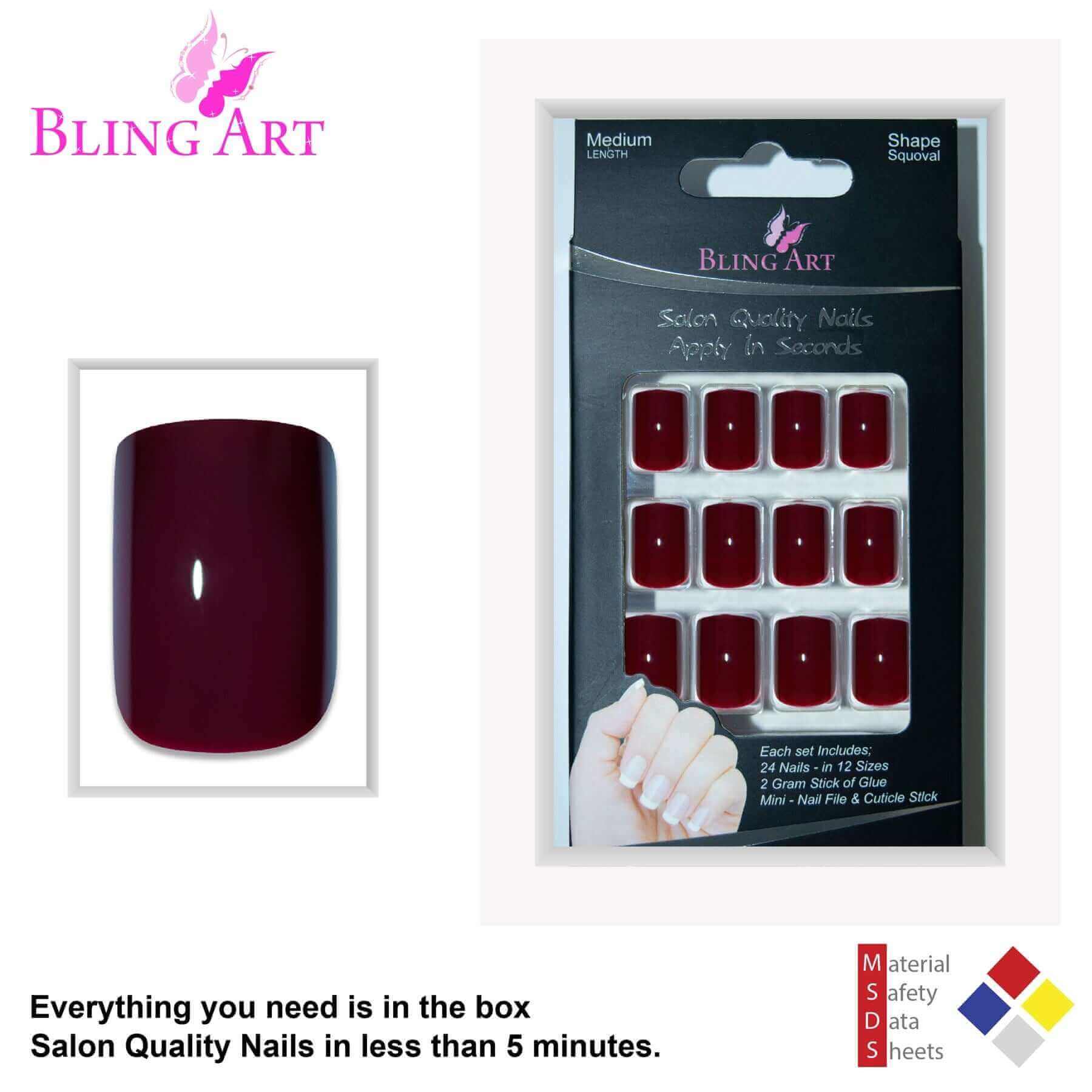 False Nails by Bling Art Brown Red French Manicure Fake Medium Tips with Glue