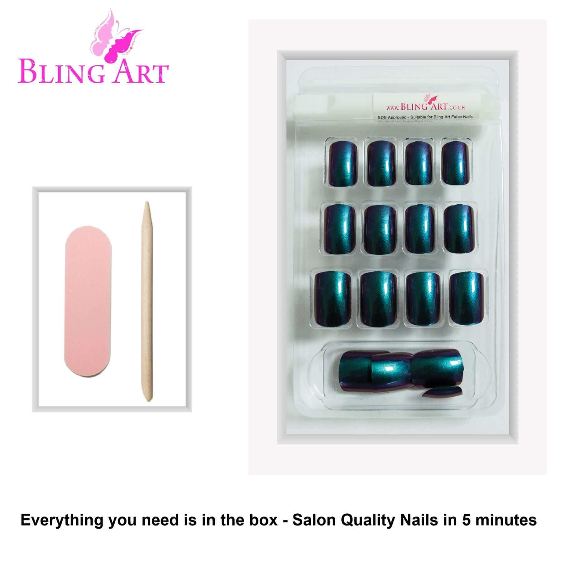 False Nails by Bling Art Green Purple Chameleon French Squoval 24 Fake Tips