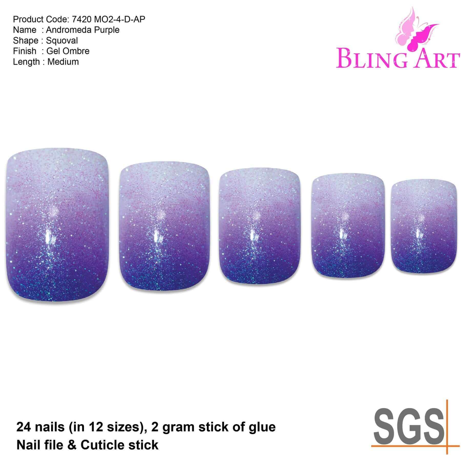 False Nails by Bling Art Purple Gel Ombre French Squoval 24 Fake Medium Tips