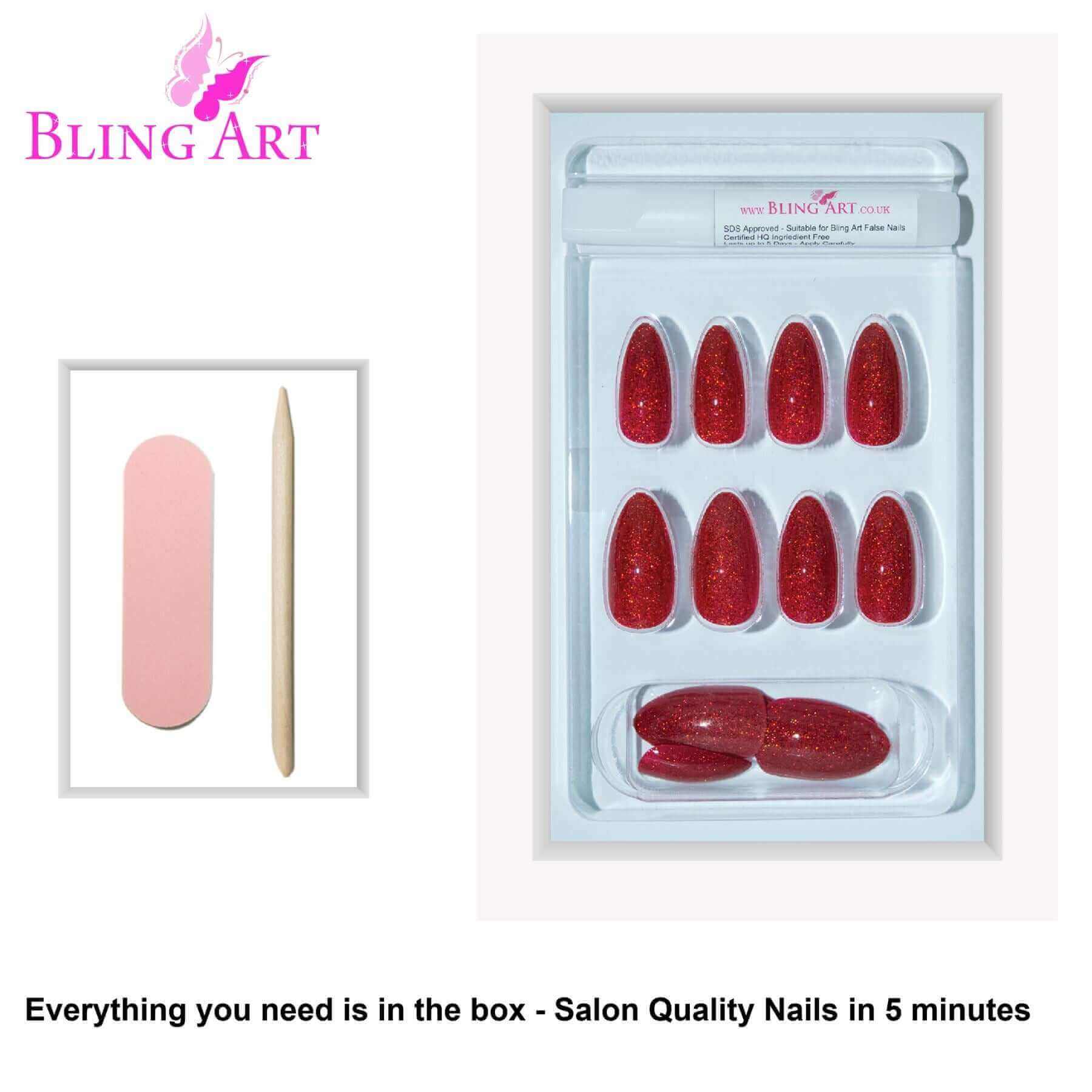 Multipack - False Nails Bling Art Red Gel Almond Stiletto Long Fake Acrylic Tips with Glue