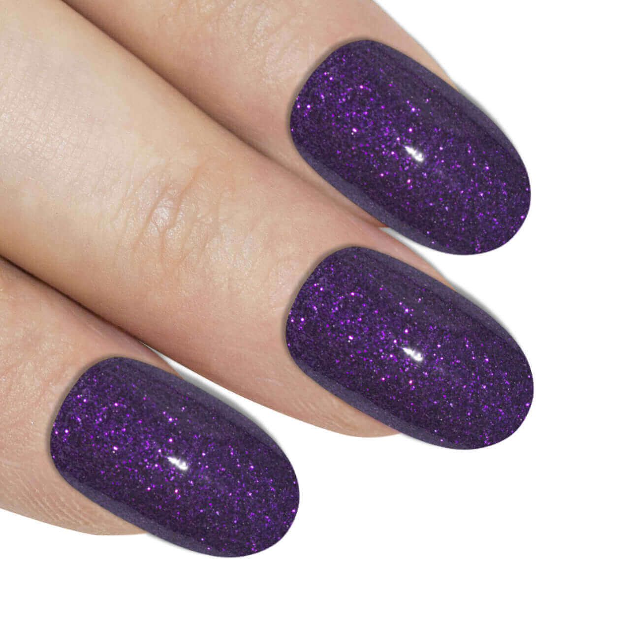 Multipack - False Nails by Bling Art Purple Gel Oval Medium Fake Acrylic Round Nail Tips with Glue on manicured fingers.