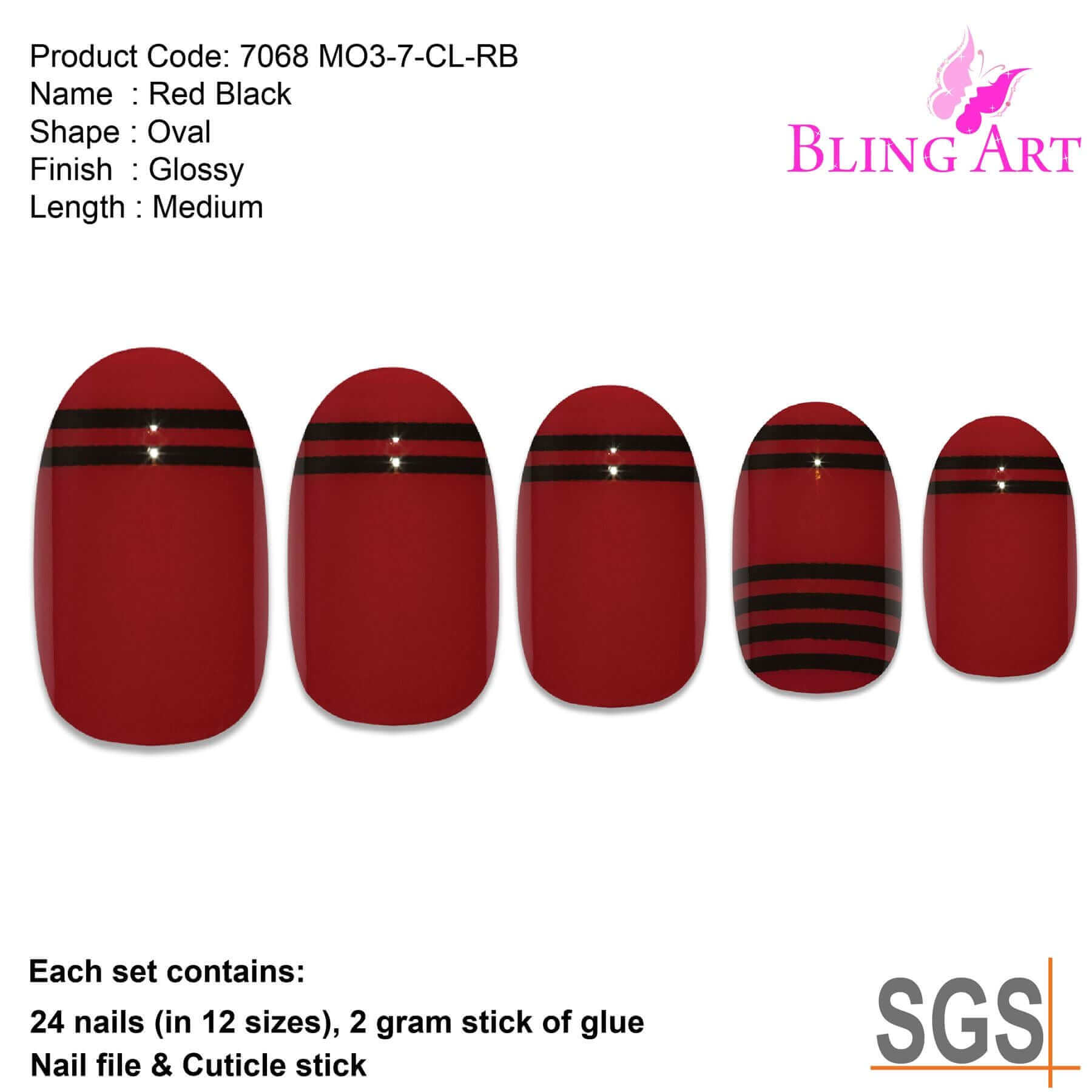 False Nails by Bling Art Red Black Glossy Oval Medium Fake 24 Acrylic Nail Tips