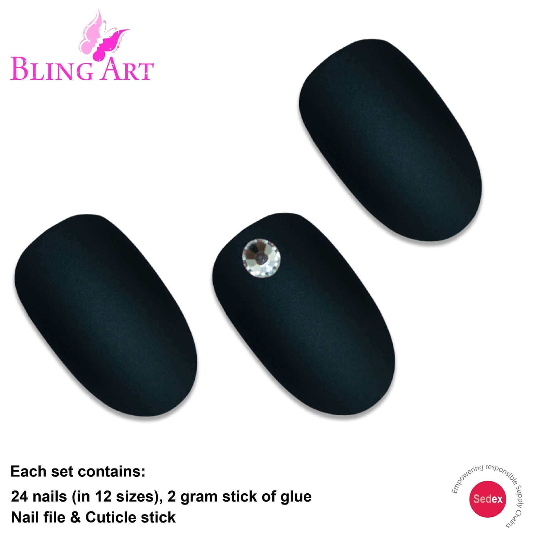 False Nails by Bling Art Black Matte Oval Medium Fake Acrylic 24 Tips with Glue