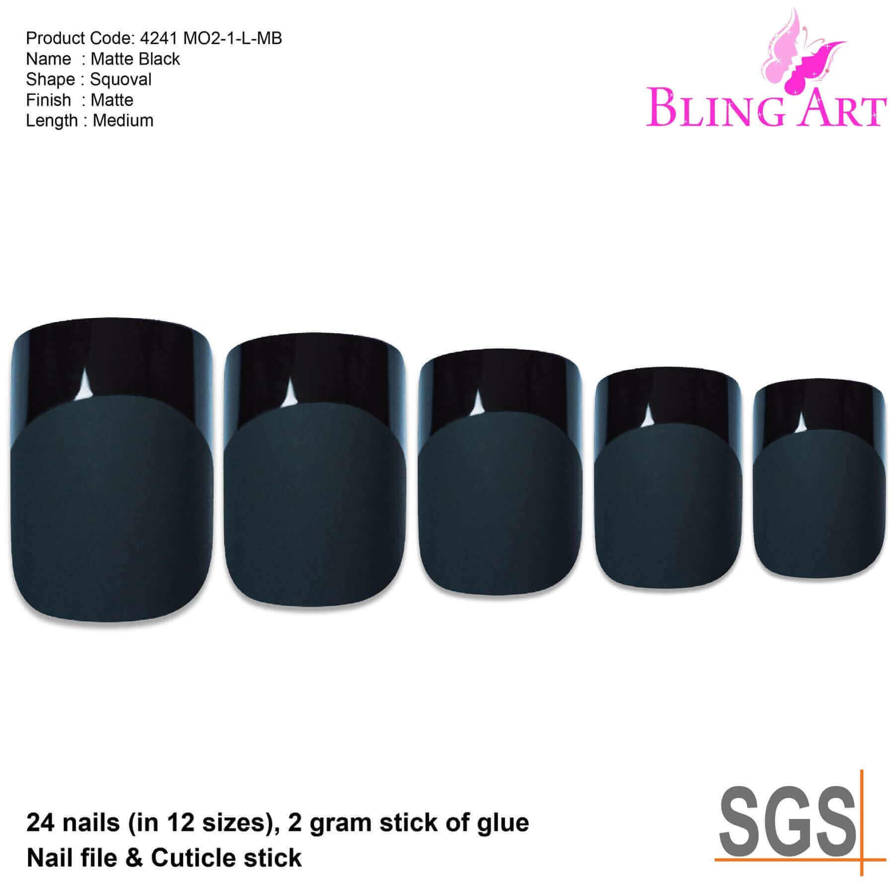 False Nails by Bling Art Black Matte French Manicure Fake Medium Tips with Glue