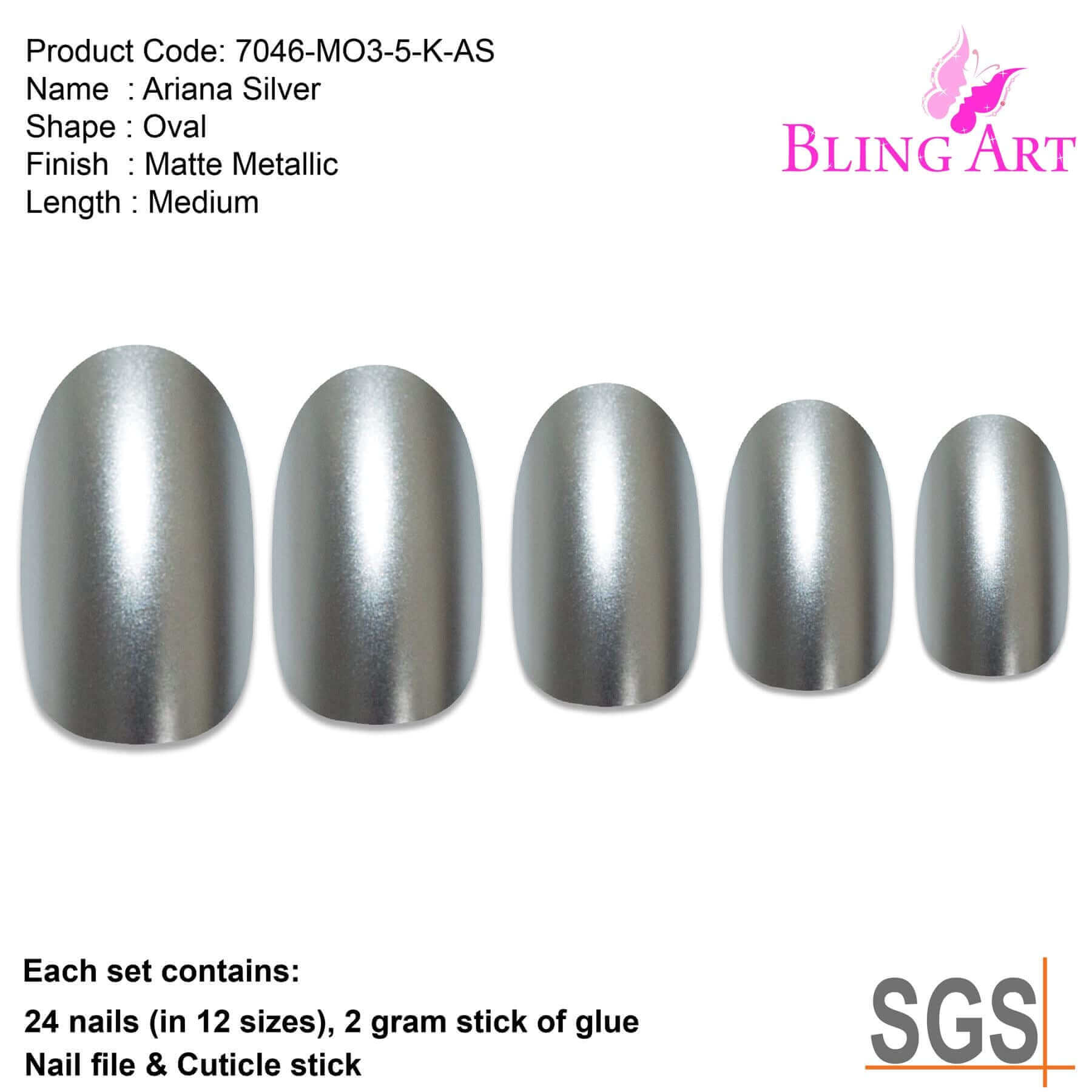 False Nails by Bling Art Silver Matte Metallic Oval Medium Fake Acrylic Tips Glue