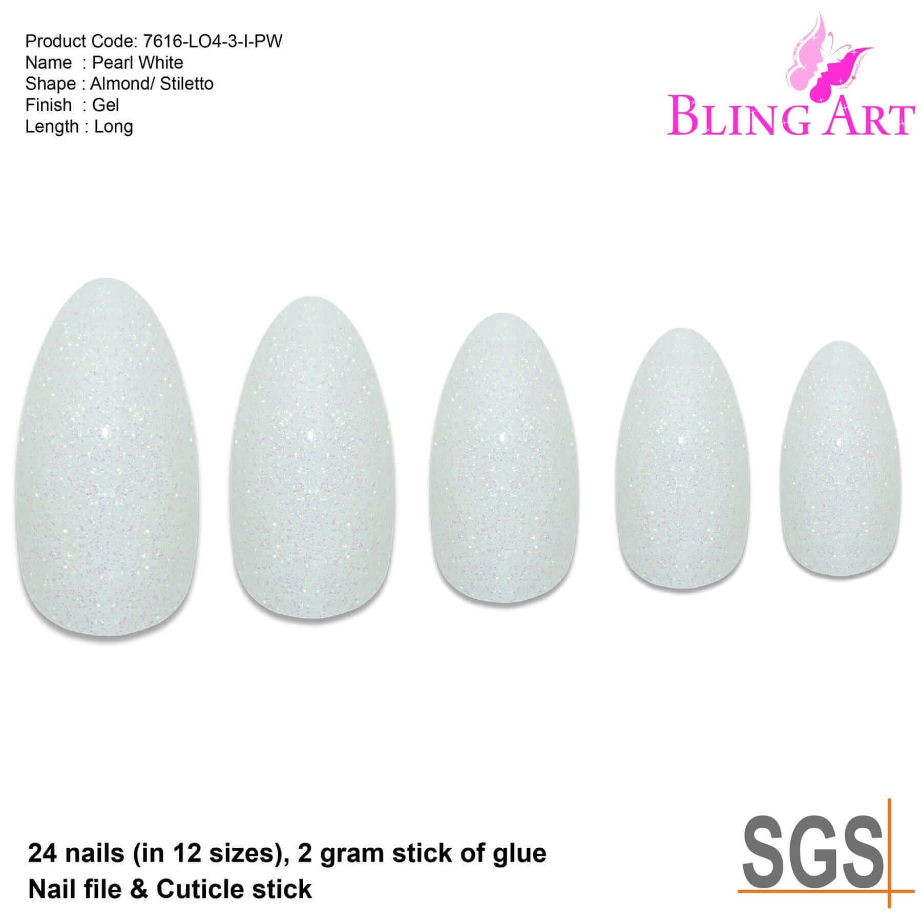 False Nails by Bling Art White Gel Almond Stiletto 24 Fake Long Acrylic Tips