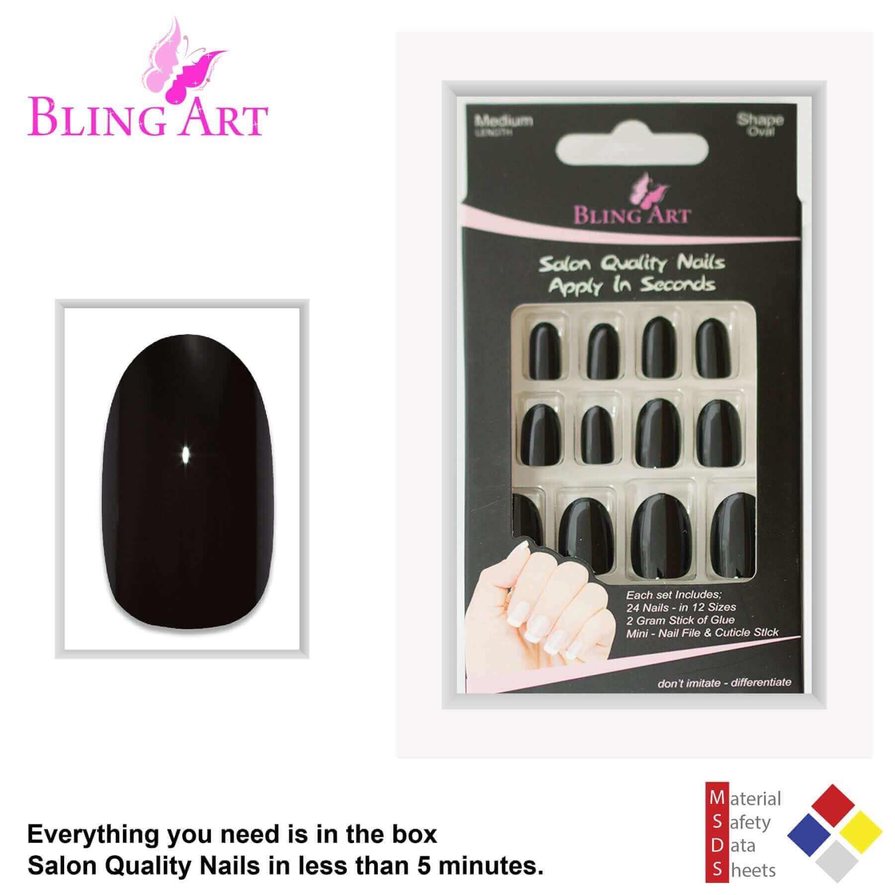 Multipack - False Nails by Bling Art Black Polished Oval Medium Fake 24 Acrylic Nail Tips