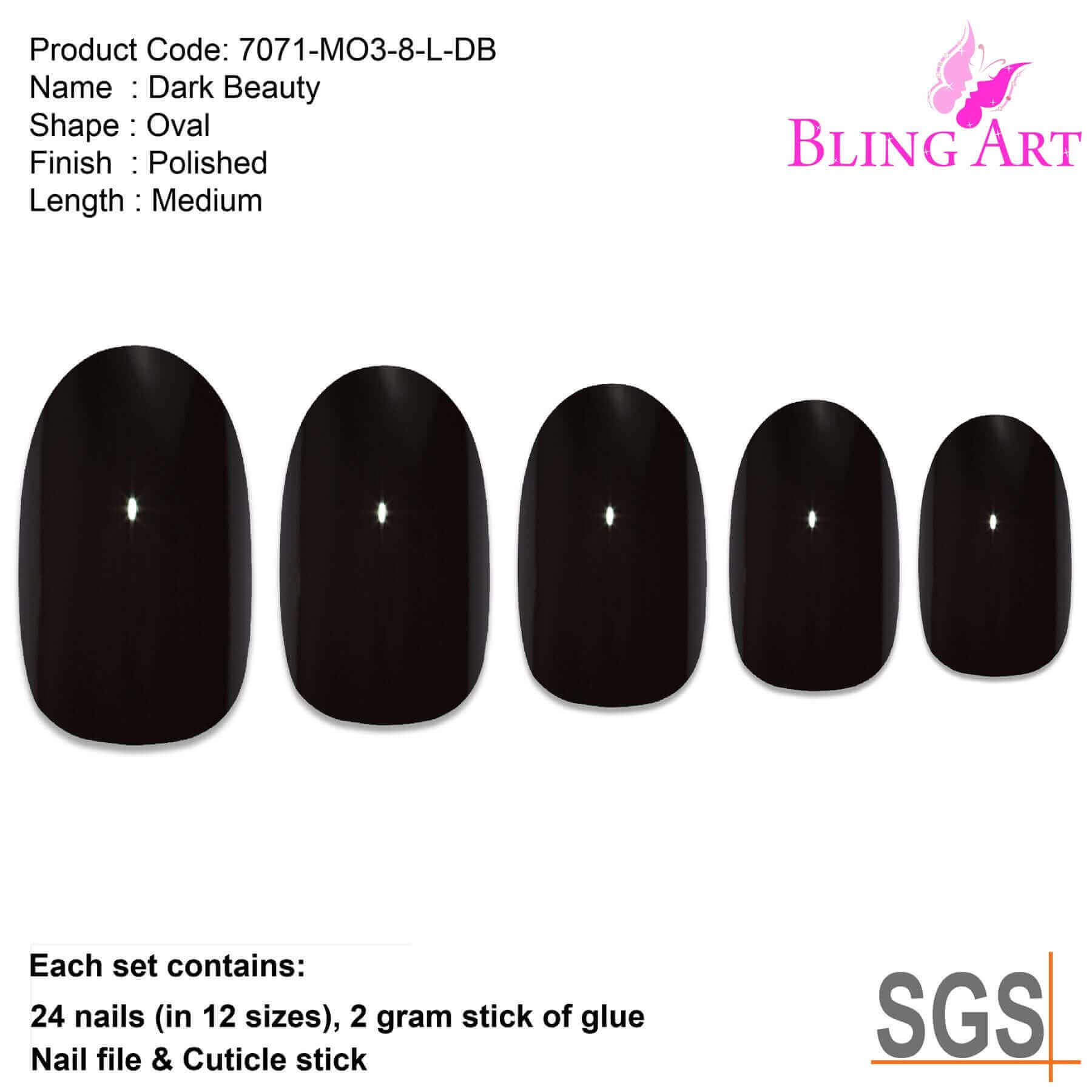 Multipack - False Nails by Bling Art Black Polished Oval Medium Fake 24 Acrylic Nail Tips
