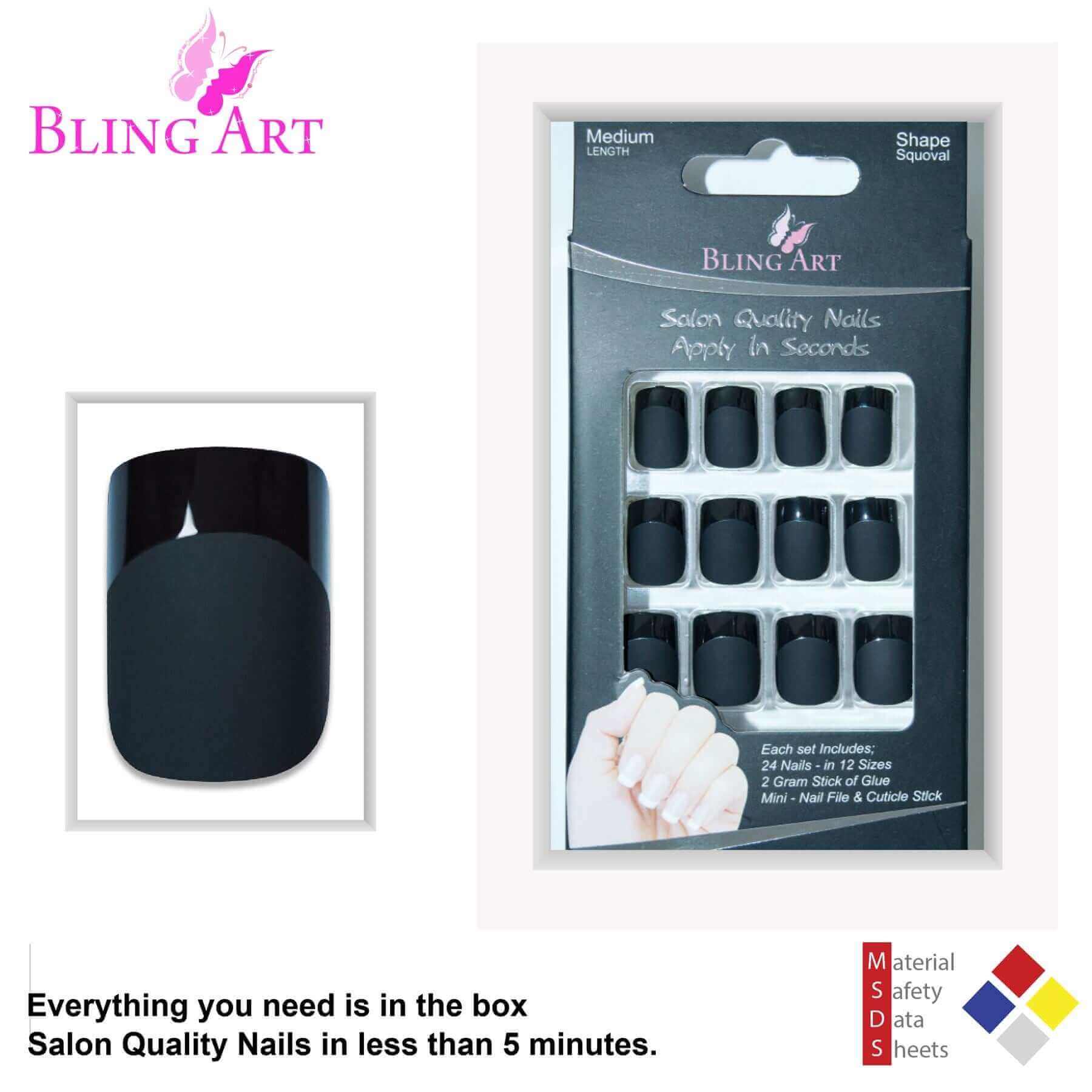 False Nails by Bling Art Black Matte French Manicure Fake Medium Tips with Glue