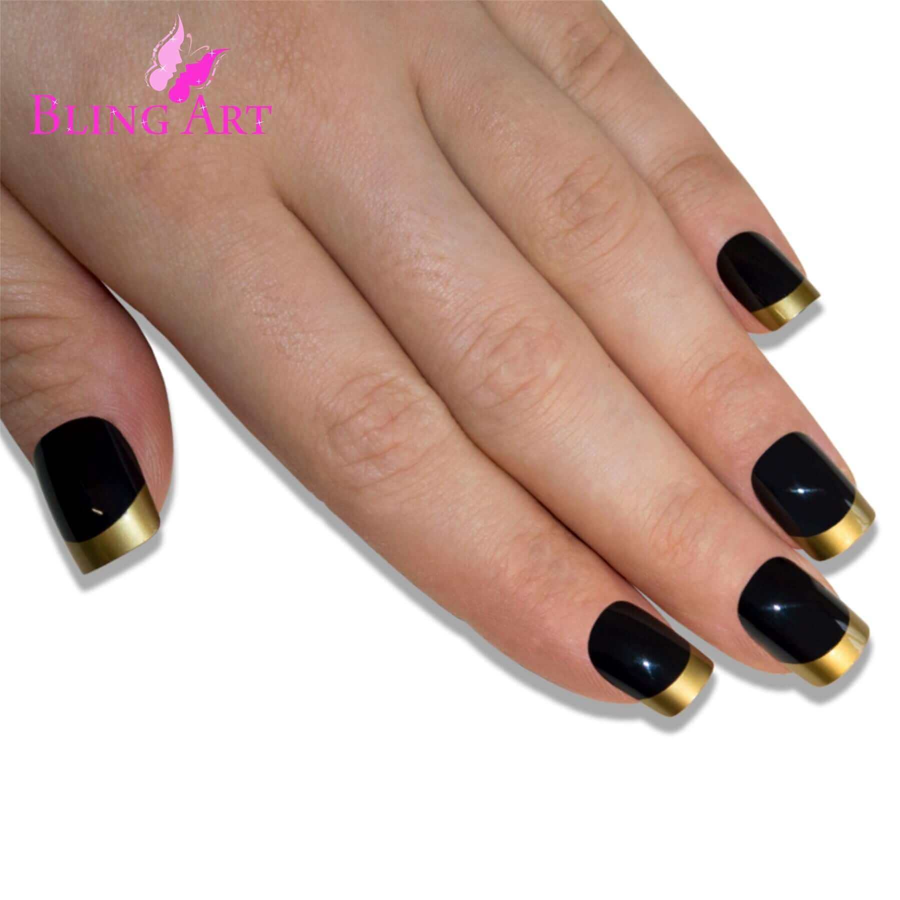 False Nails by Bling Art Gold Black French Manicure Fake Medium Tips with Glue