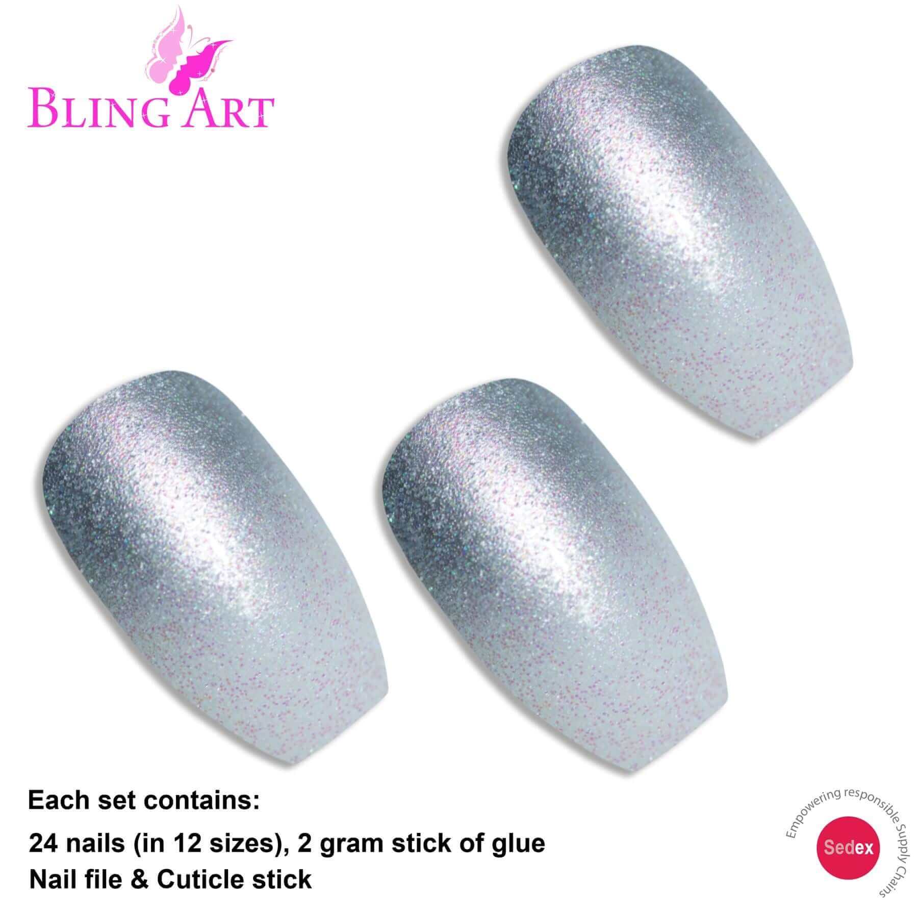 False Nails by Bling Art Silver Gel Ombre Ballerina Coffin 24 Fake Acrylic Tips